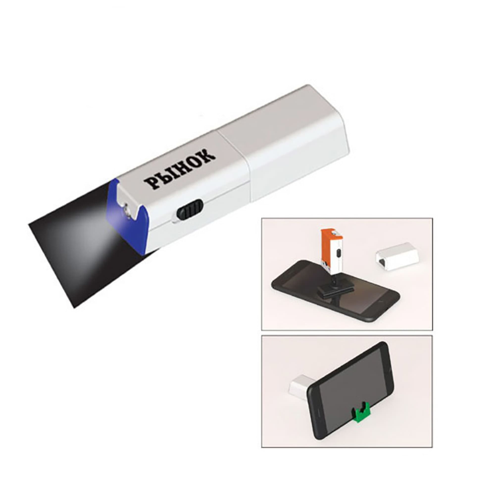 A mobile stand with a built-in light and screen cleaner, featuring a white body with an orange and green accent. Mobile Stand with Light And Screen Cleaner - Image 1