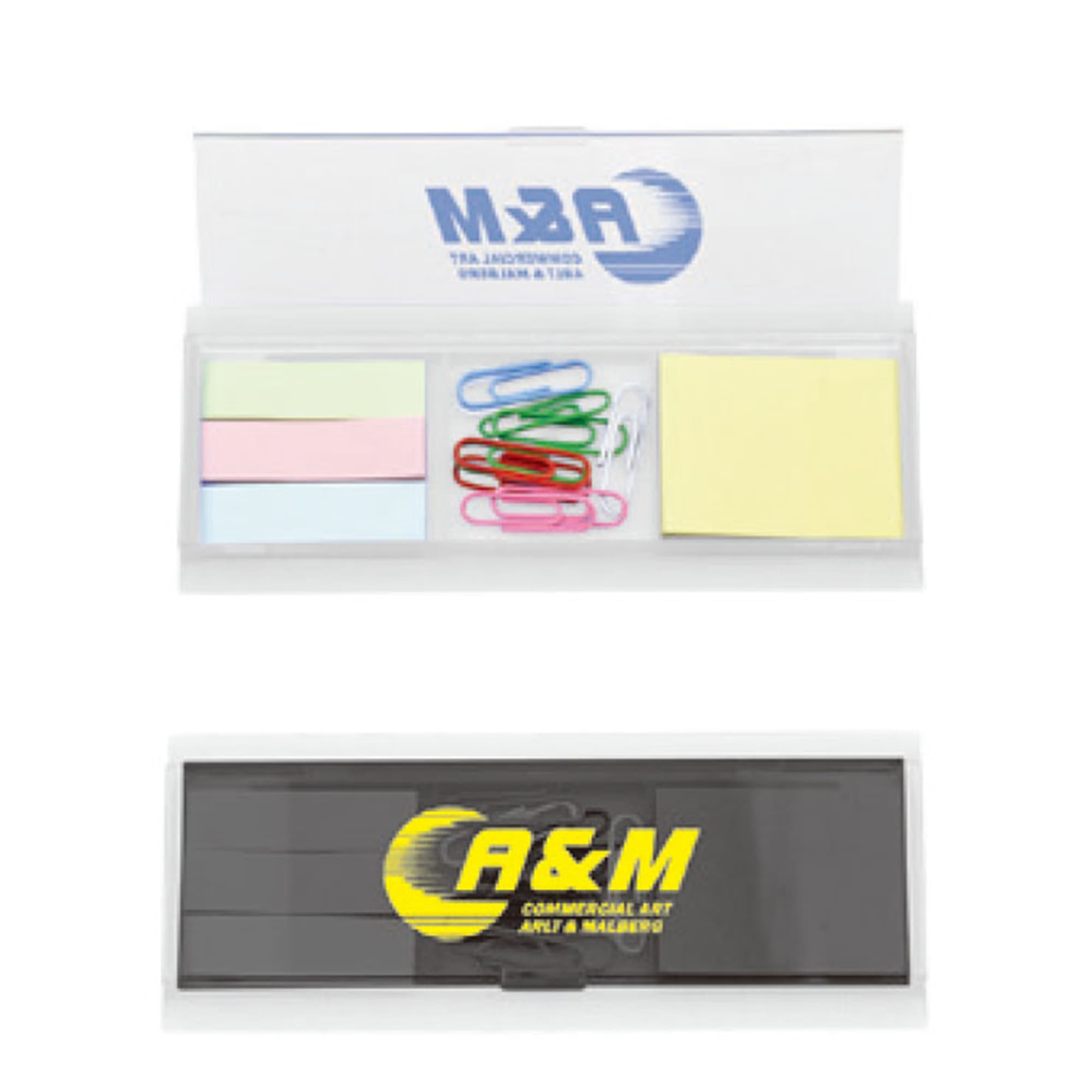 A set of sticky notes in pastel shades and paper clips housed in a plastic case with a branding logo. Sticky Notes With Clips - Image 1