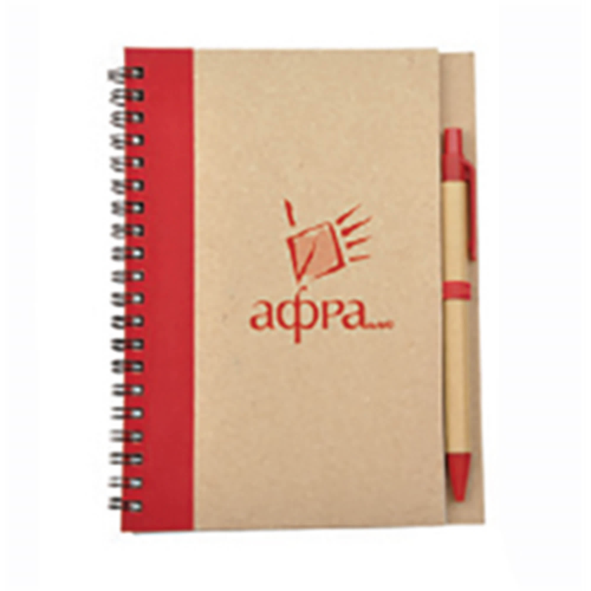 A spiral-bound notebook with a brown cover and a red accent, accompanied by a matching pen. The notebook features a logo. Notebook - Image 1