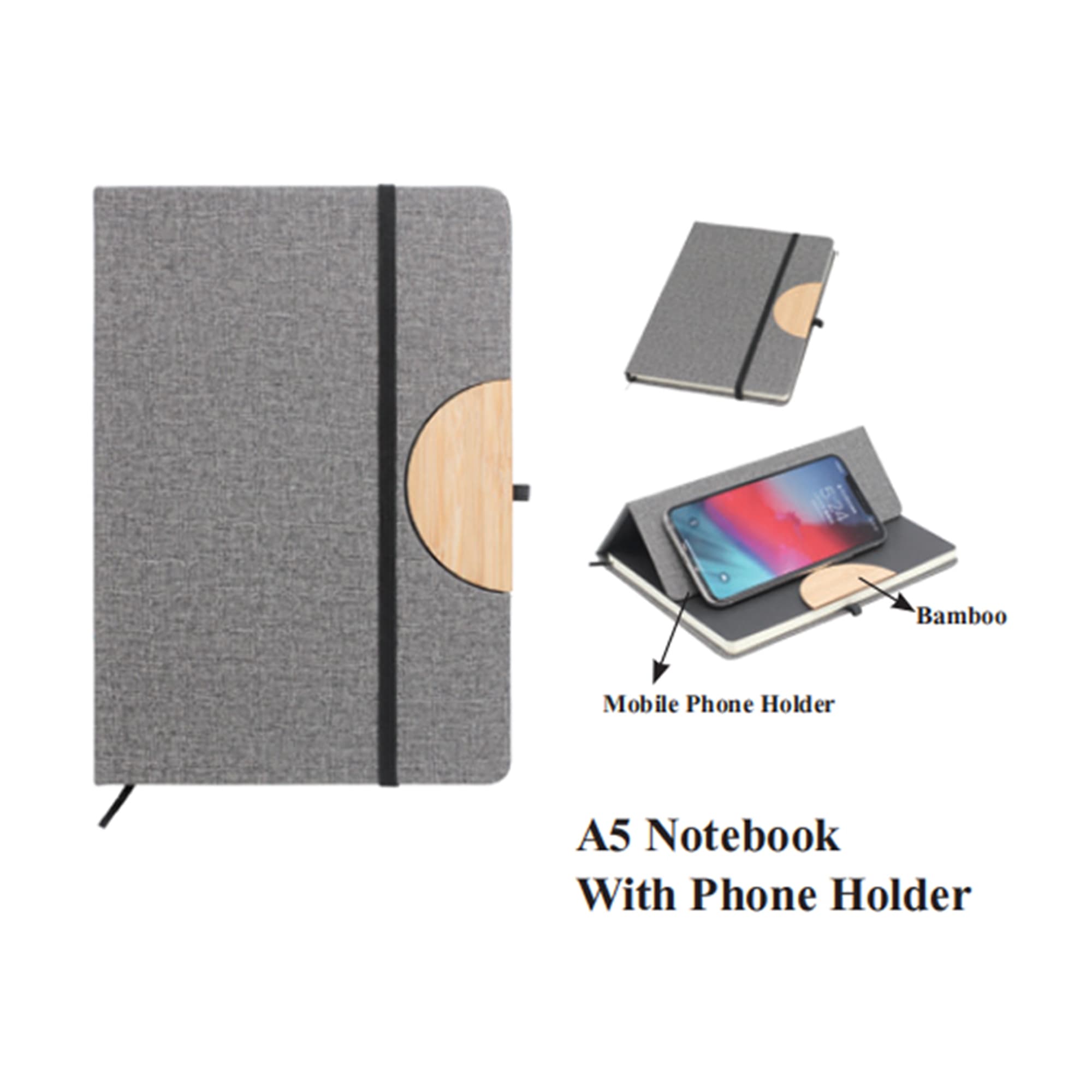 A5 notebook in grey fabric with a bamboo phone holder. Features an elastic band for closure. A5 Notebook - Image 1