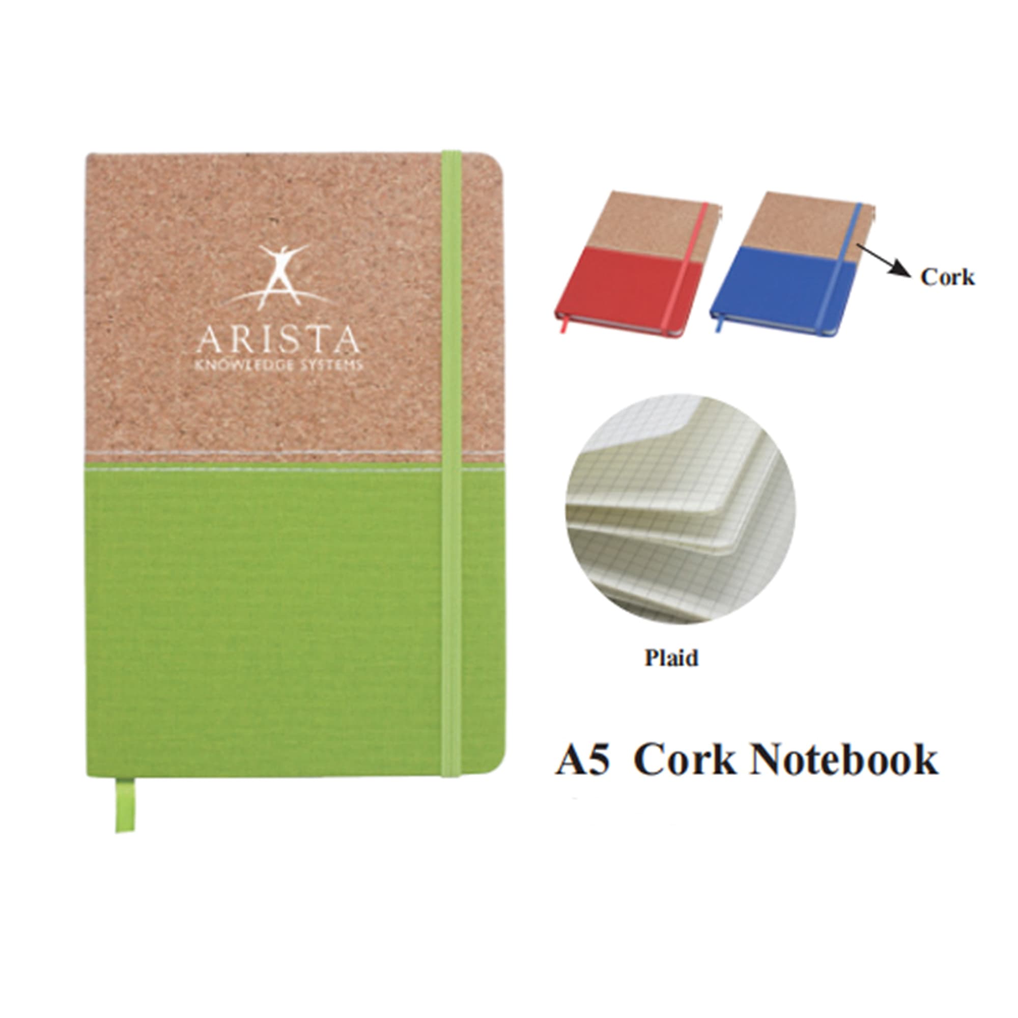 A5 cork notebook with a green bottom and a cork top, featuring a logo and available in additional colours. A5 Cork Notebook - Image 1