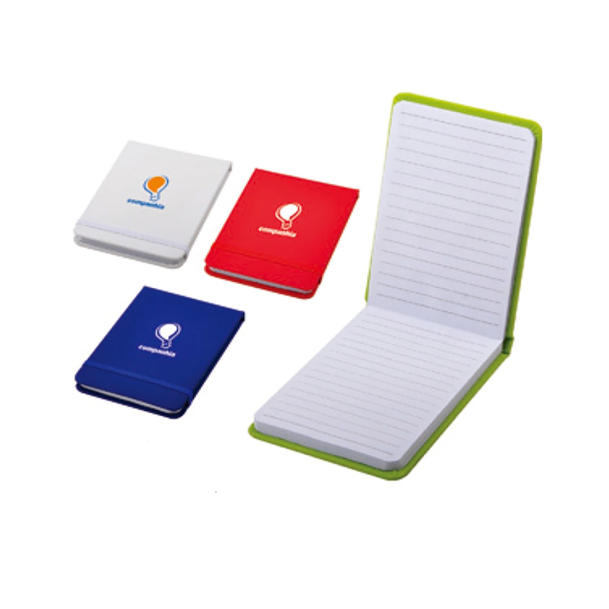 A set of PU notebooks in white, red, blue, and green with lined pages and a logo. PU Notebook - Image 1