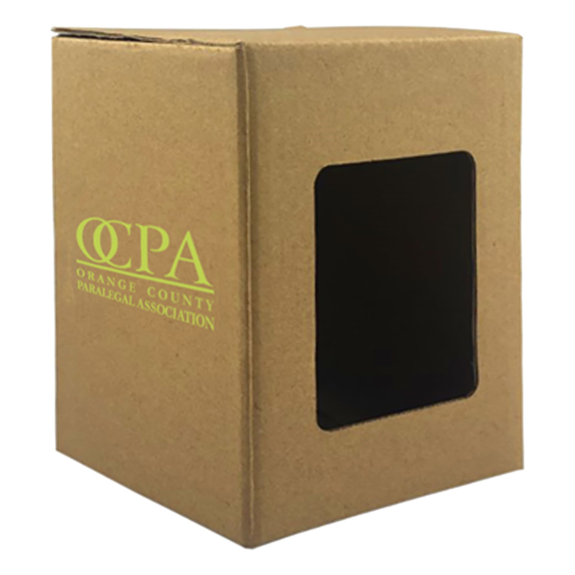 A cardboard gift box in brown with a clear window and a logo on one side. Cup Gift Box Large - Image 1