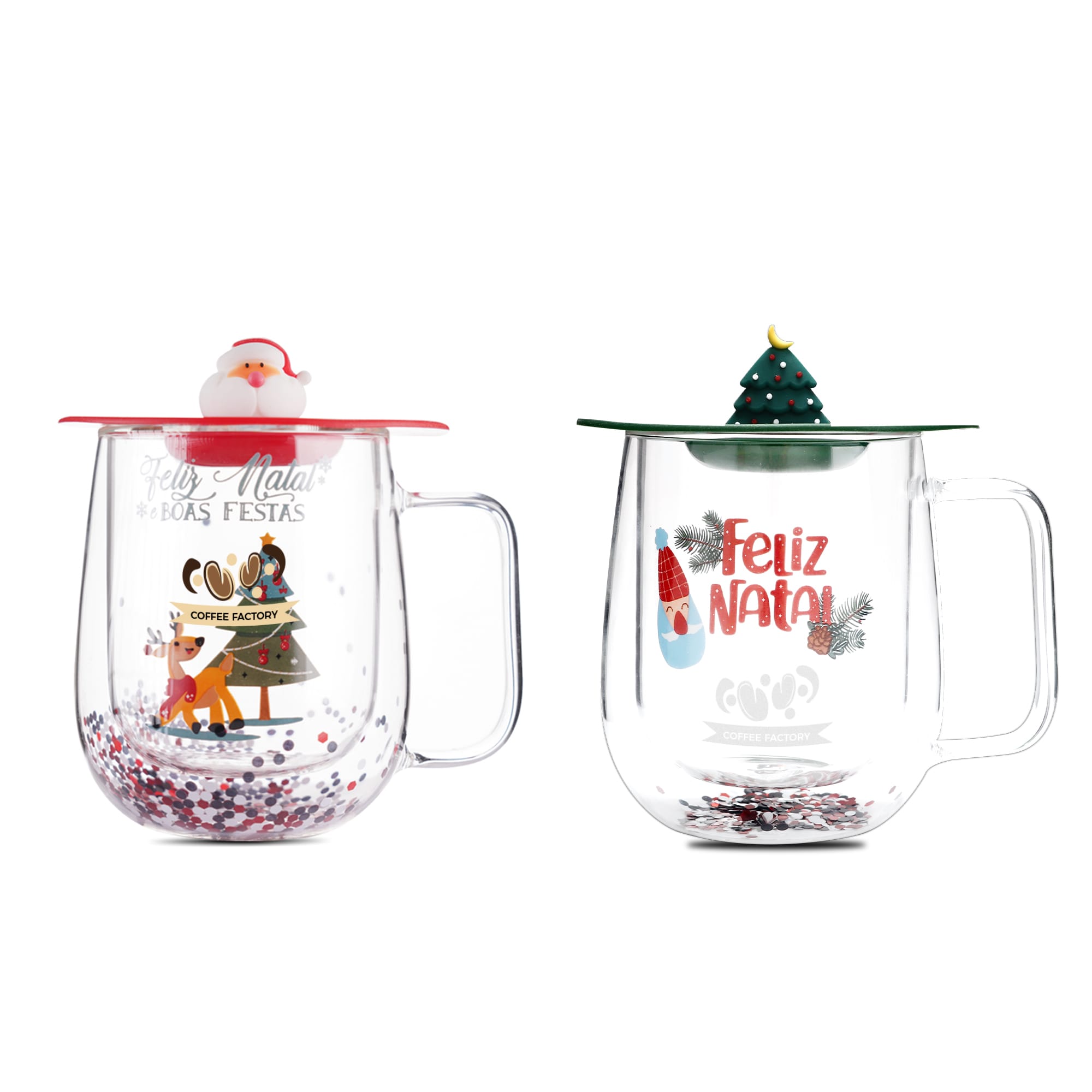 A double wall mug featuring festive designs with a Santa and a Christmas tree, in clear and colourful plastic. Christmas Double Wall Mug - Image 1