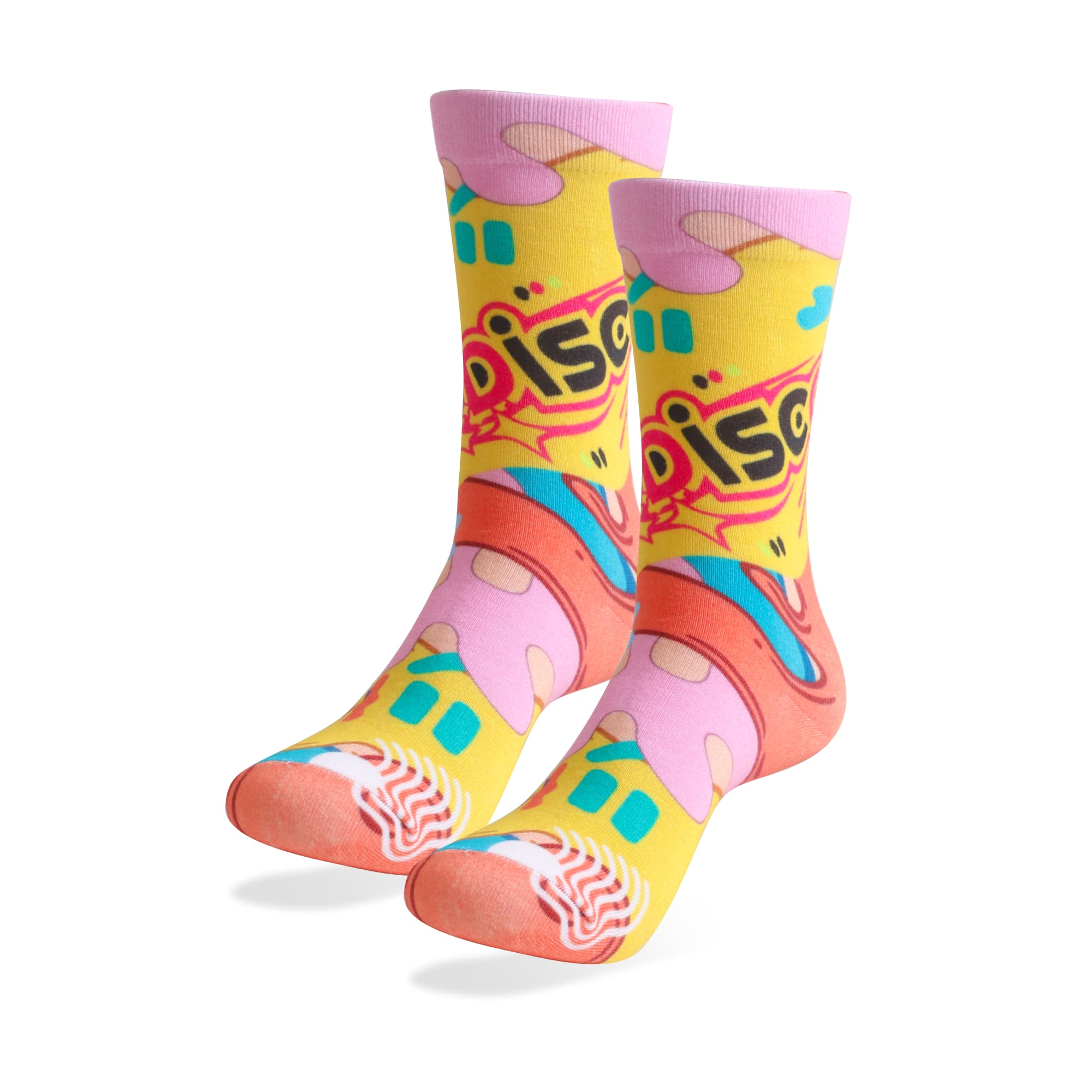 Colourful crew socks featuring a vibrant design with pink, yellow, and blue elements, along with a logo. Crew Premium Digital Printed Socks - Image 1