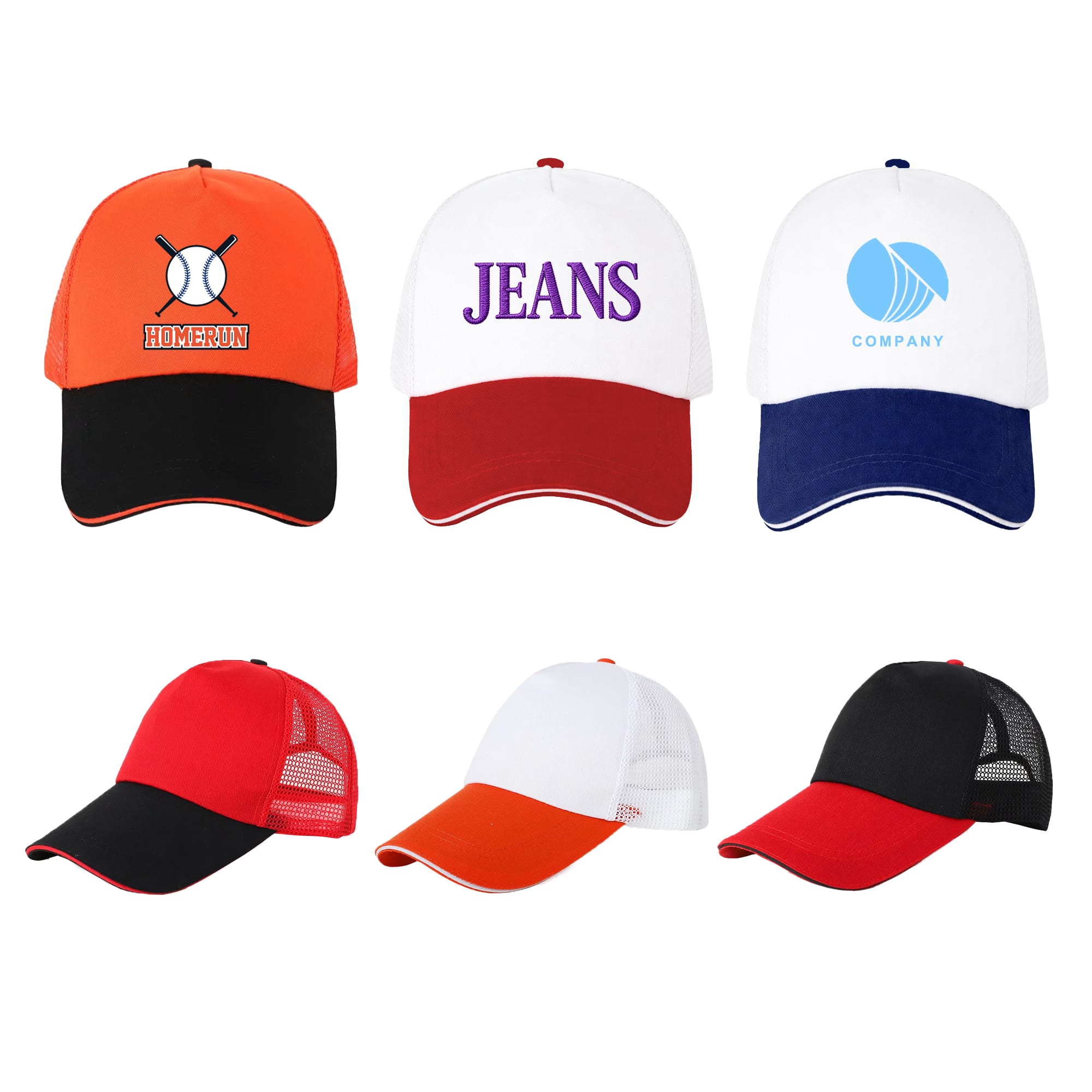 A collection of six caps featuring various designs, colours include orange, red, white, and blue, with mesh backs on some. 5 Panel Sandwich Mesh Back Peak Cap - Image 1