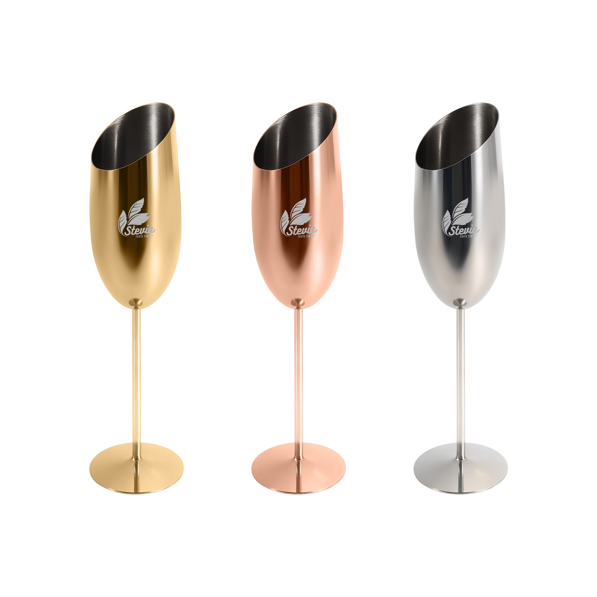 Three stainless steel slanted champagne flutes in gold, rose gold, and silver, each featuring a logo. Stainless Steel Slanted Champagne Flute - Image 1
