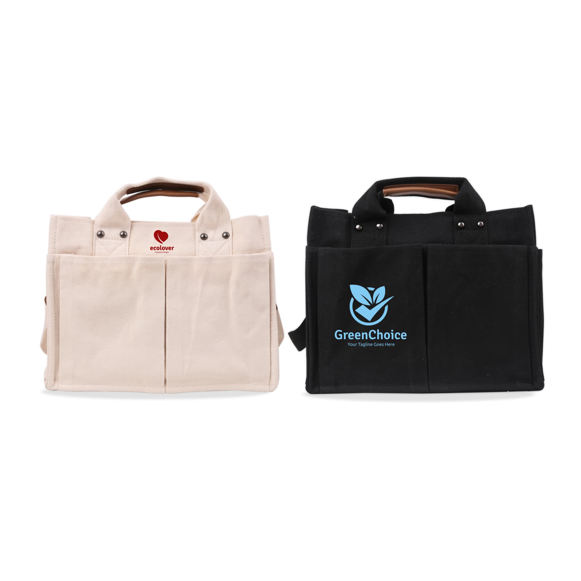 Two canvas tote bags, one in cream and one in black, both with handles and a logo on the black bag. Canvas Tote Bag with Straps - Image 1