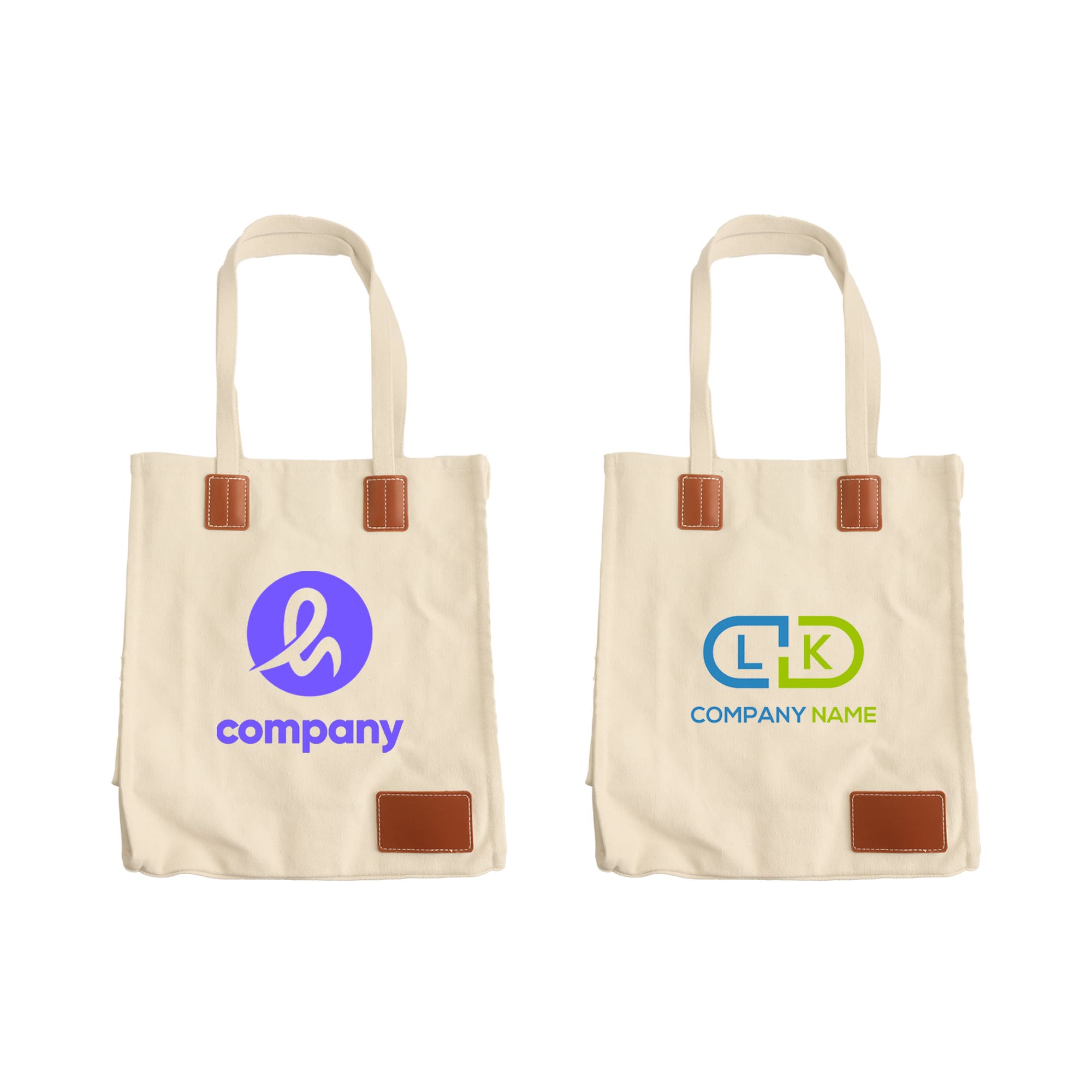 A canvas bag in beige with tan leather accents and two different logos on each side. 450gsm Canvas Bag With Magnetic Snap - Image 1