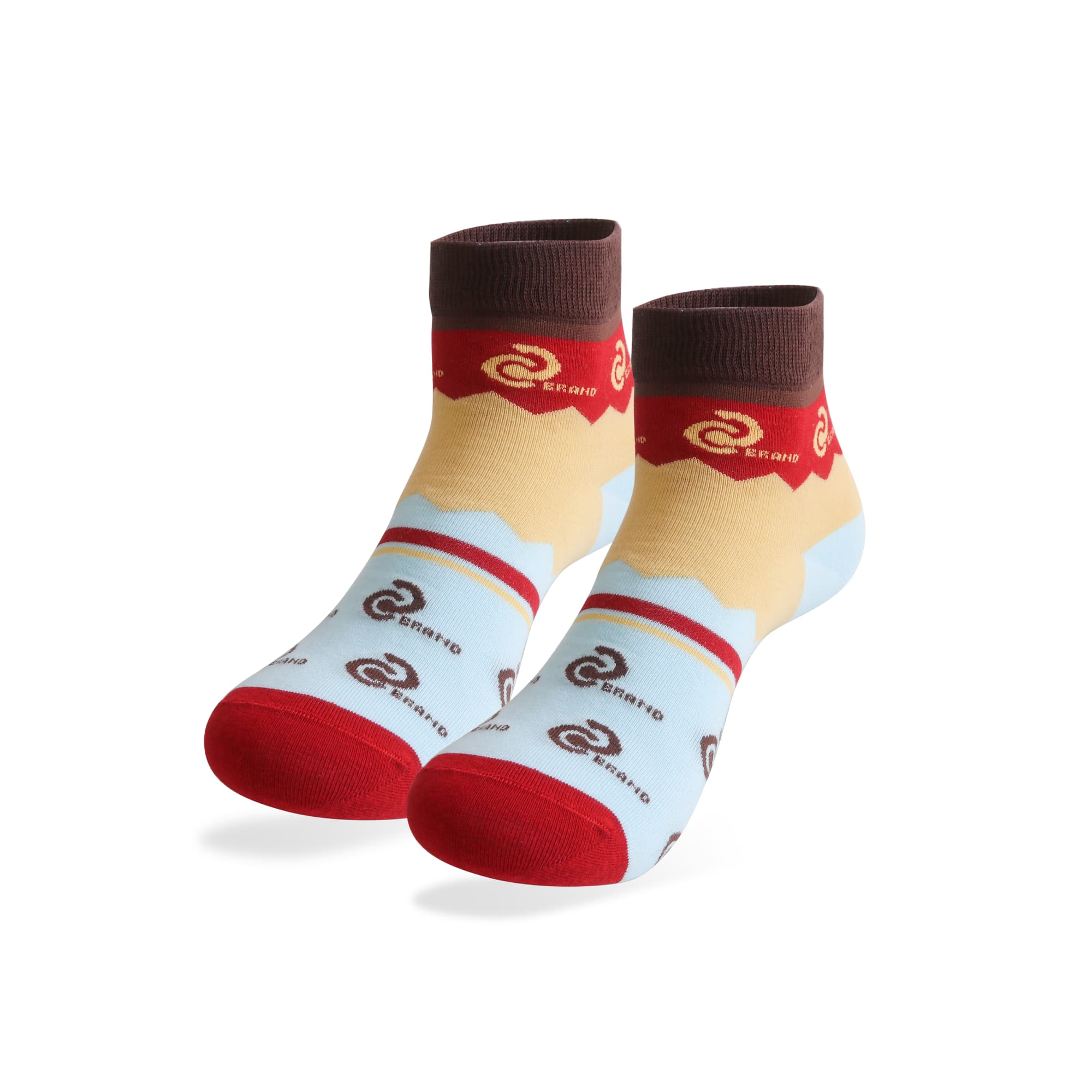 Ankle custom pattern woven socks in blue, red, and beige with a logo design. Ankle Custom Pattern Woven Socks - Image 1