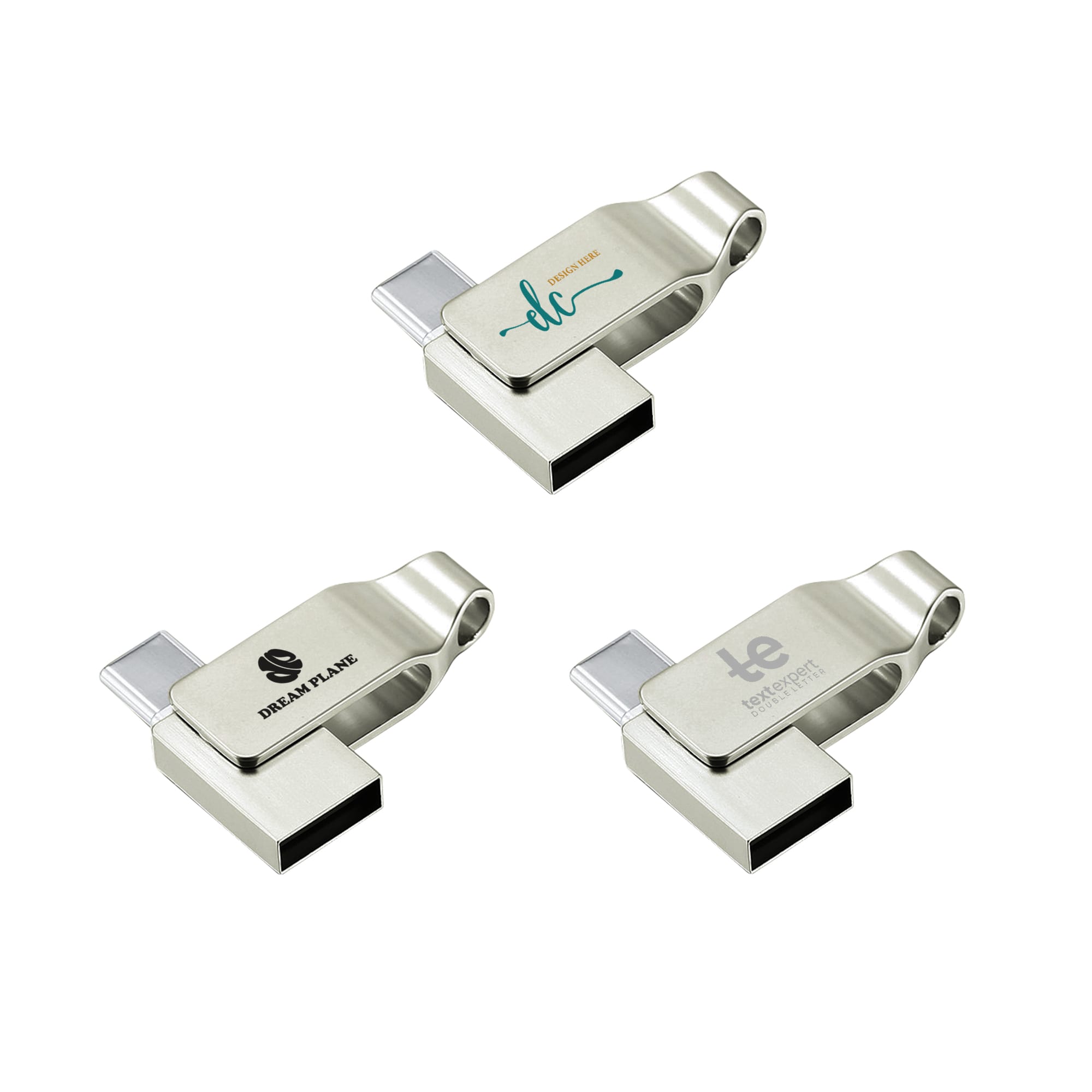 A silver Pivot Duo Type-C flash drive with multiple designs and a logo on each. Pivot Duo Type-c Flash Drive - Image 1
