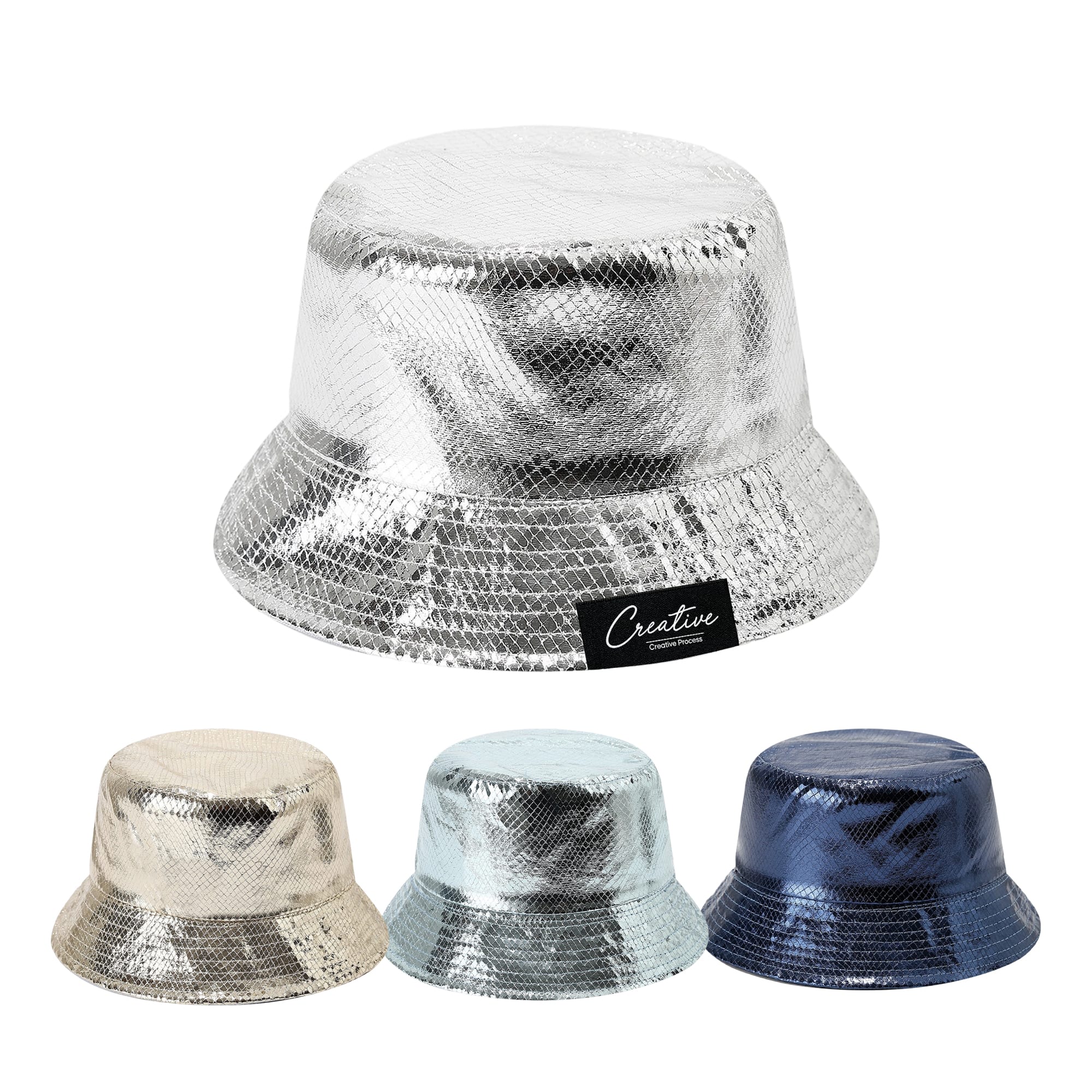 A shiny silver bucket hat with a metallic finish, available alongside gold, light blue, and navy options, featuring a logo. Laser Glitter Bucket Hat - Image 1