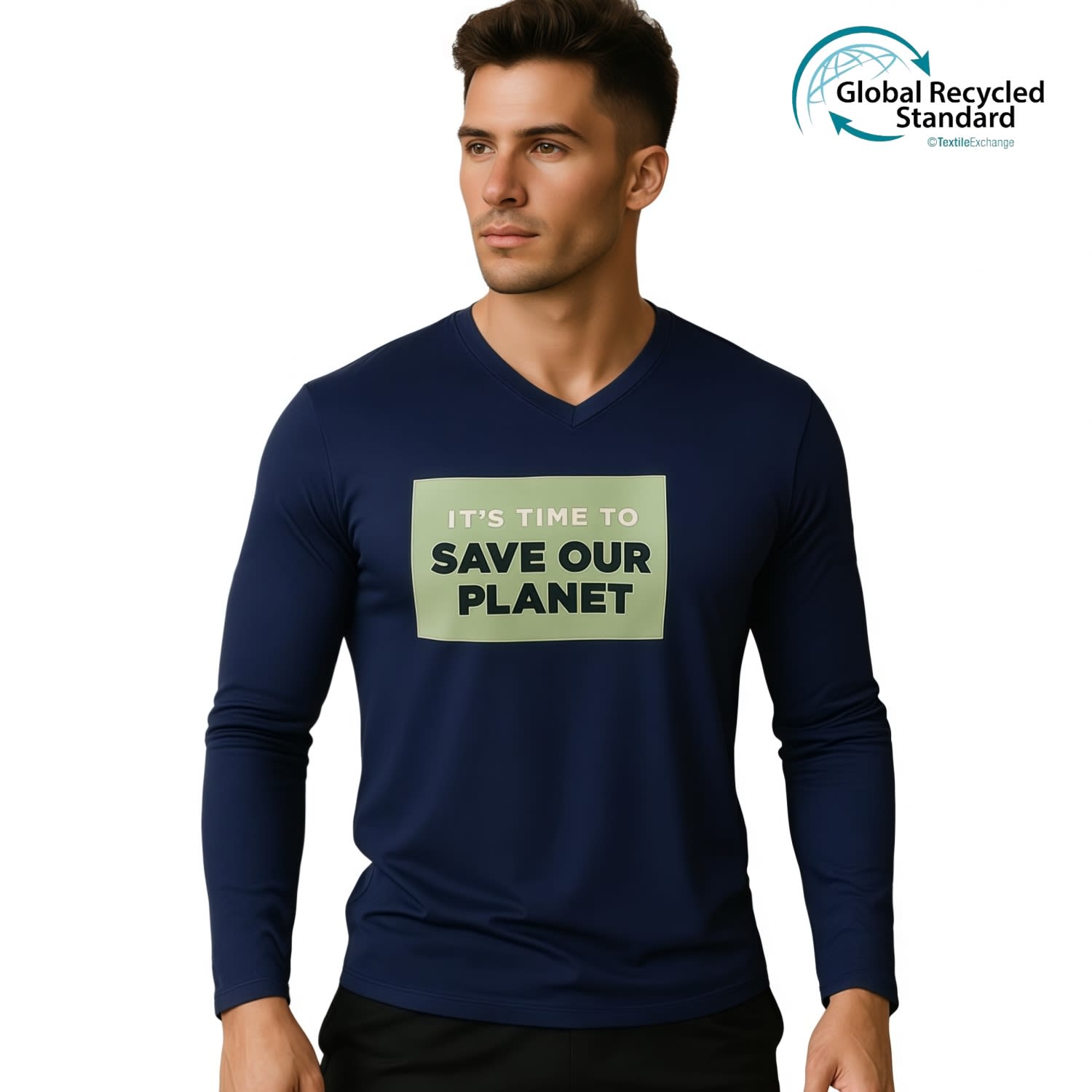 A navy unisex long-sleeve v-neck shirt featuring a large text design and a logo indicating recycled materials. Unisex Adults RPET Milk Silk Sublimated V-Neck Long Sleeves Shirt - Image 1