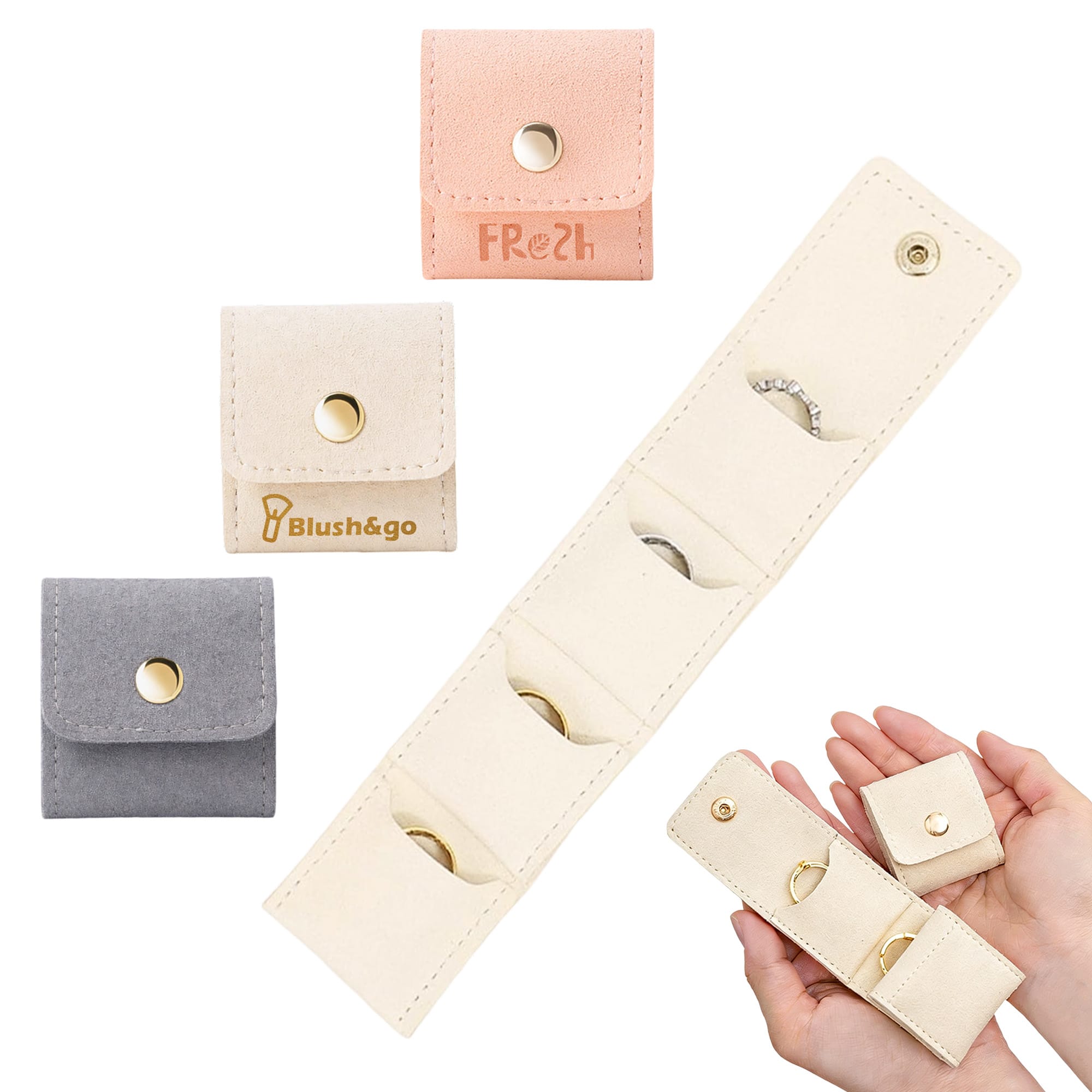 Mini synthetic leather jewellery bag available in pink, beige, and grey, featuring multiple compartments and a secure snap closure. Mini Synthetic Leather Jewellery Bag - Image 1