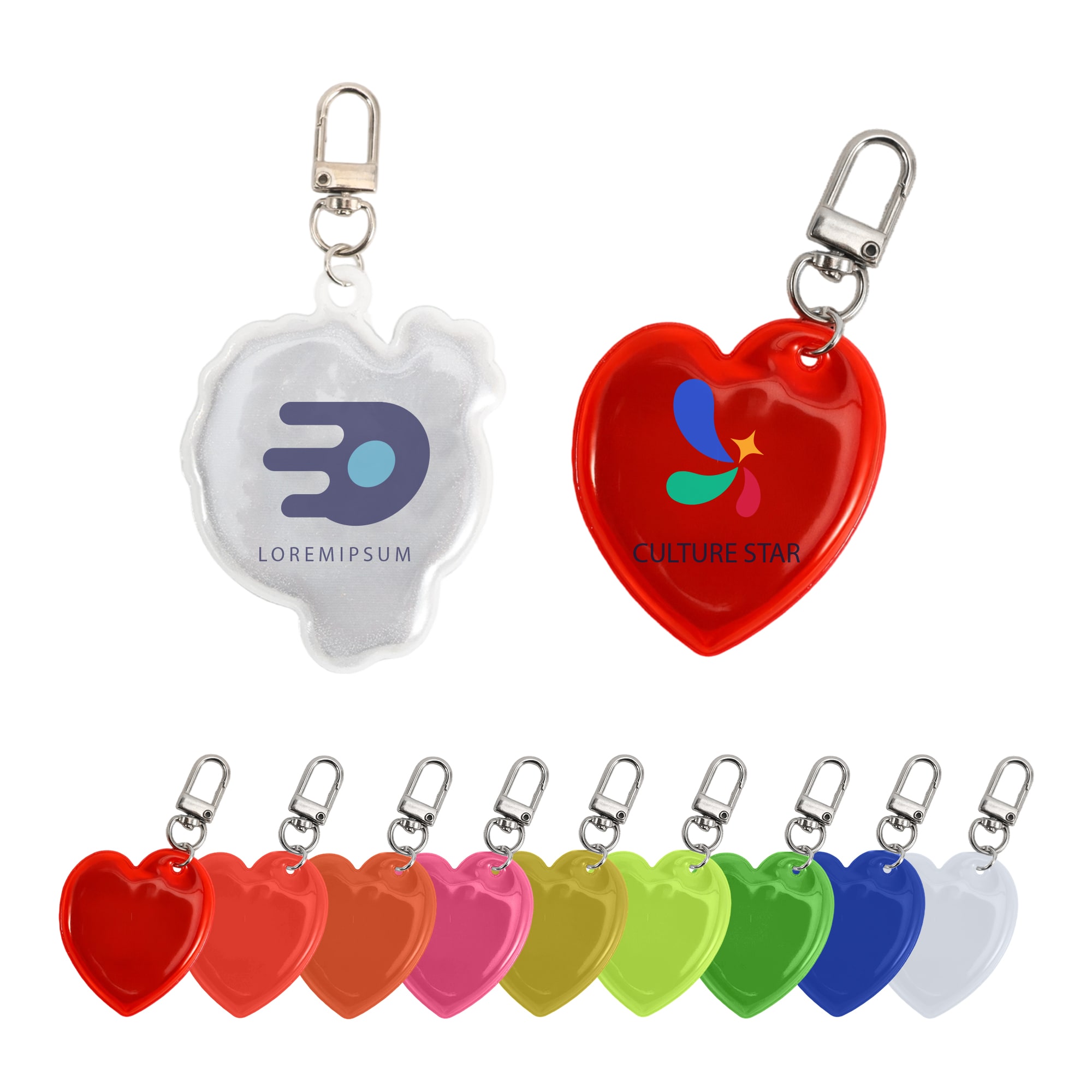 A selection of custom-shaped reflective keychains in various colours, featuring different logos and a metal clip. Custom Shape Reflective Keychain - Image 1