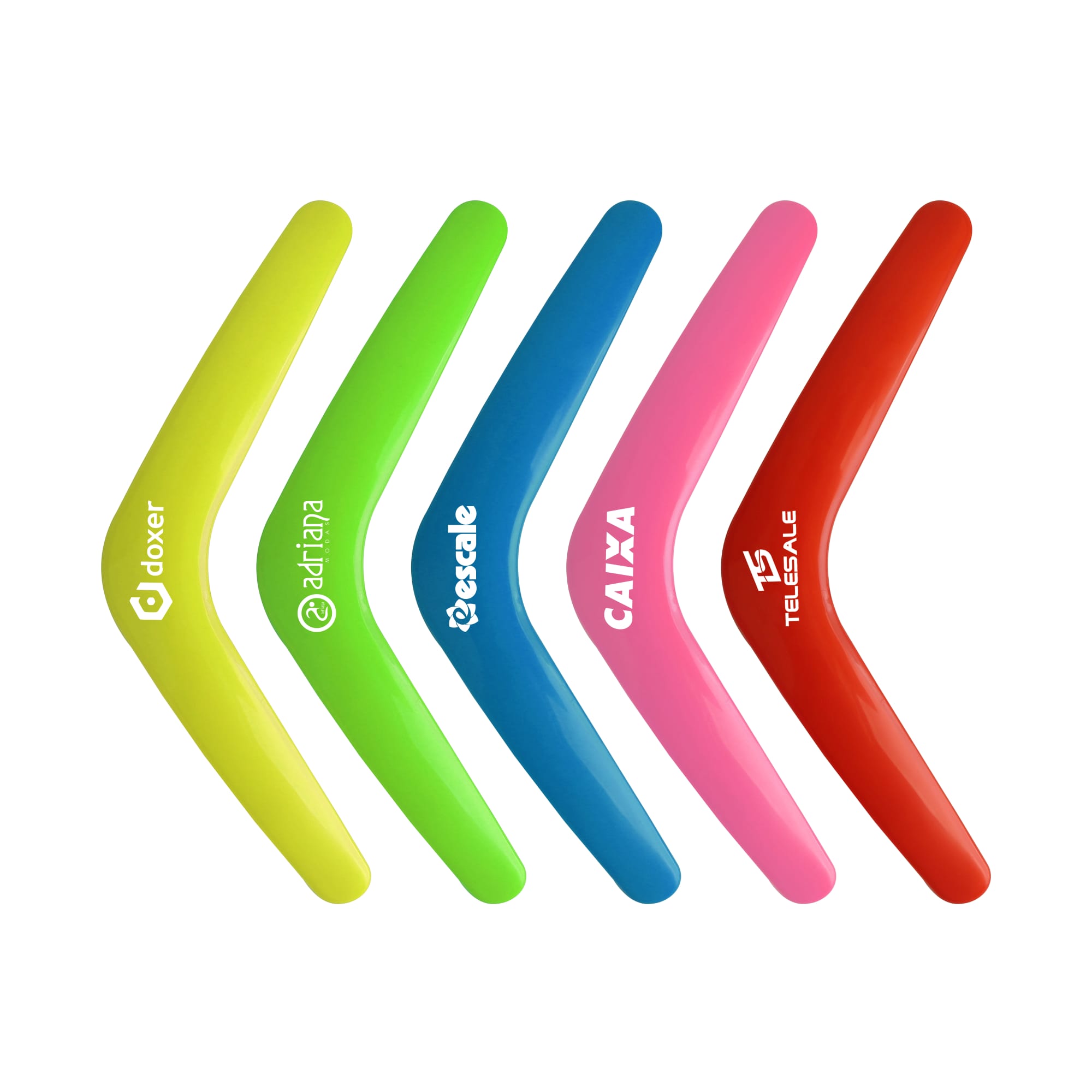 Five V-shaped boomerang toys in bright colours: yellow, green, pink, red, and orange, featuring various logos. V Shaped Boomerang Toy - Image 1