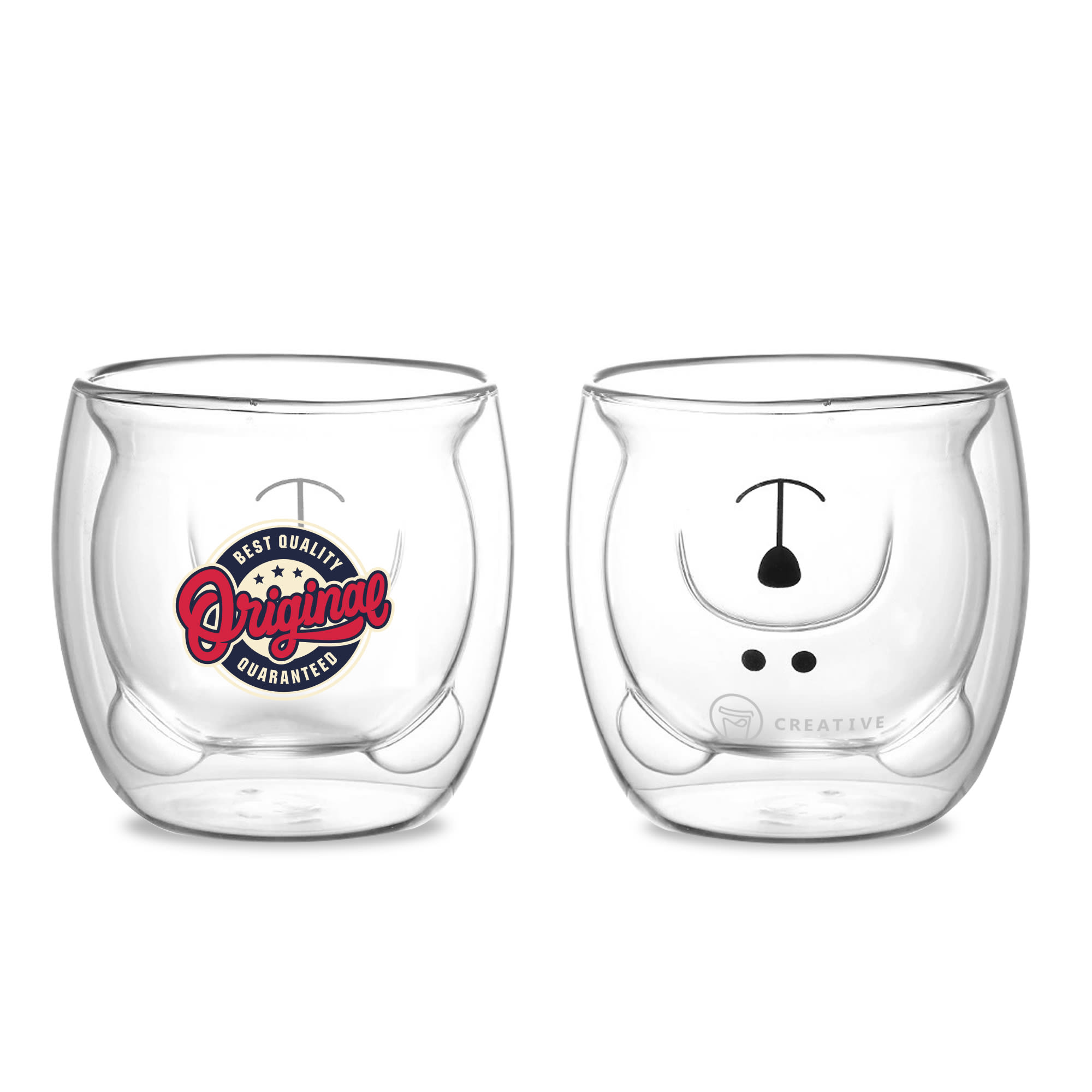 A drink bottle featuring a double wall glass design in clear, shaped like a bear with a logo. Bear Double Wall Glass - Image 1