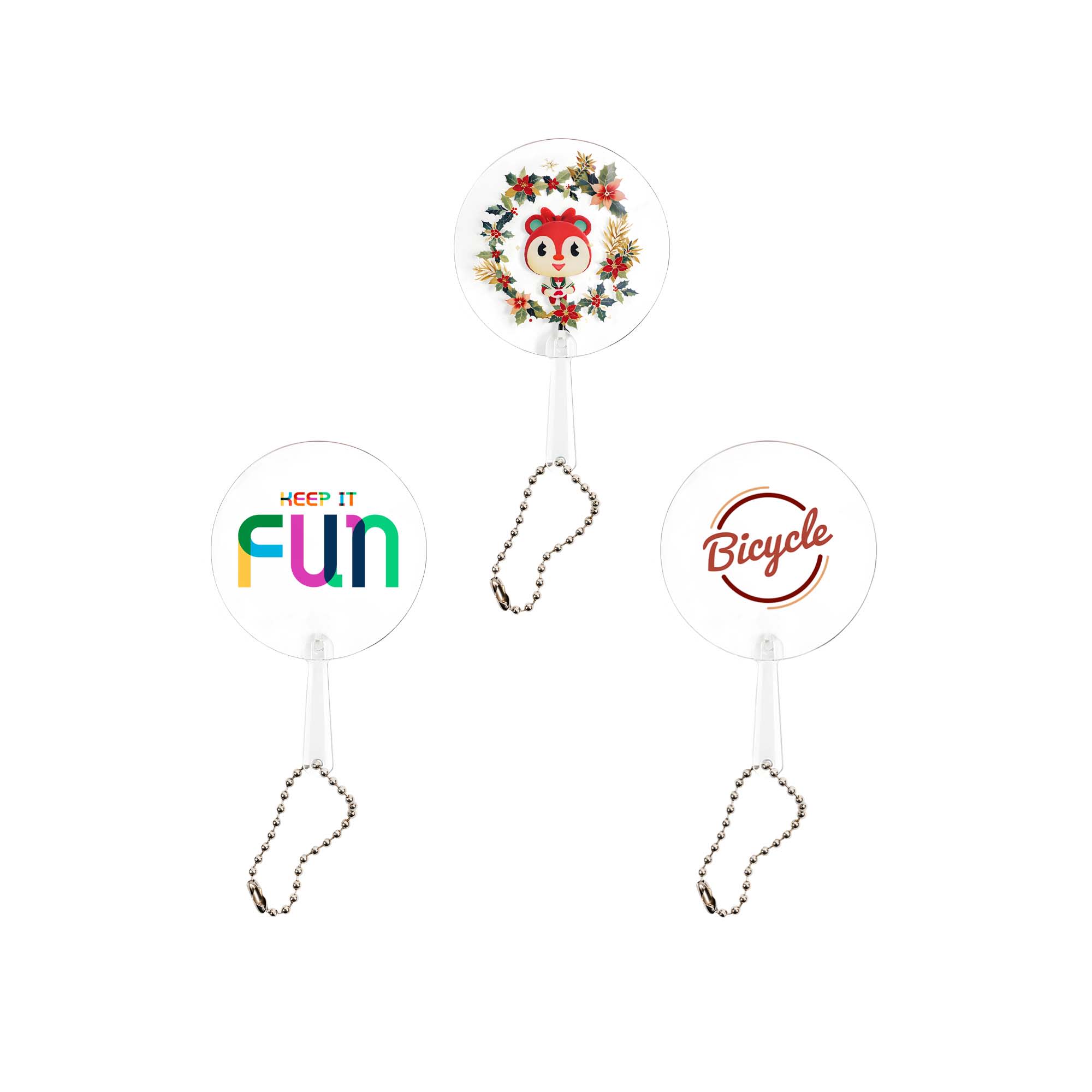 A Mini PVC hand fan featuring a keychain, decorated with bright colours and various playful designs. Mini PVC Hand Fan with Keychain - Image 1
