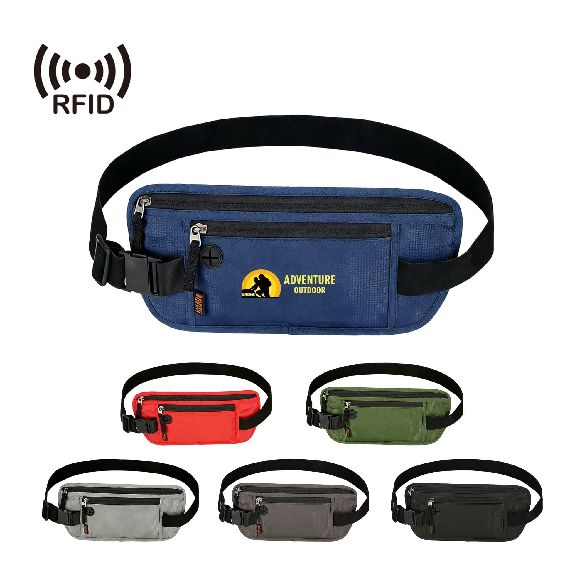 A range of Undercover Fanny Packs in blue, red, green, grey, and black, featuring RFID blocking and a logo. Undercover Waist Bag With RFID Blocking - Image 1