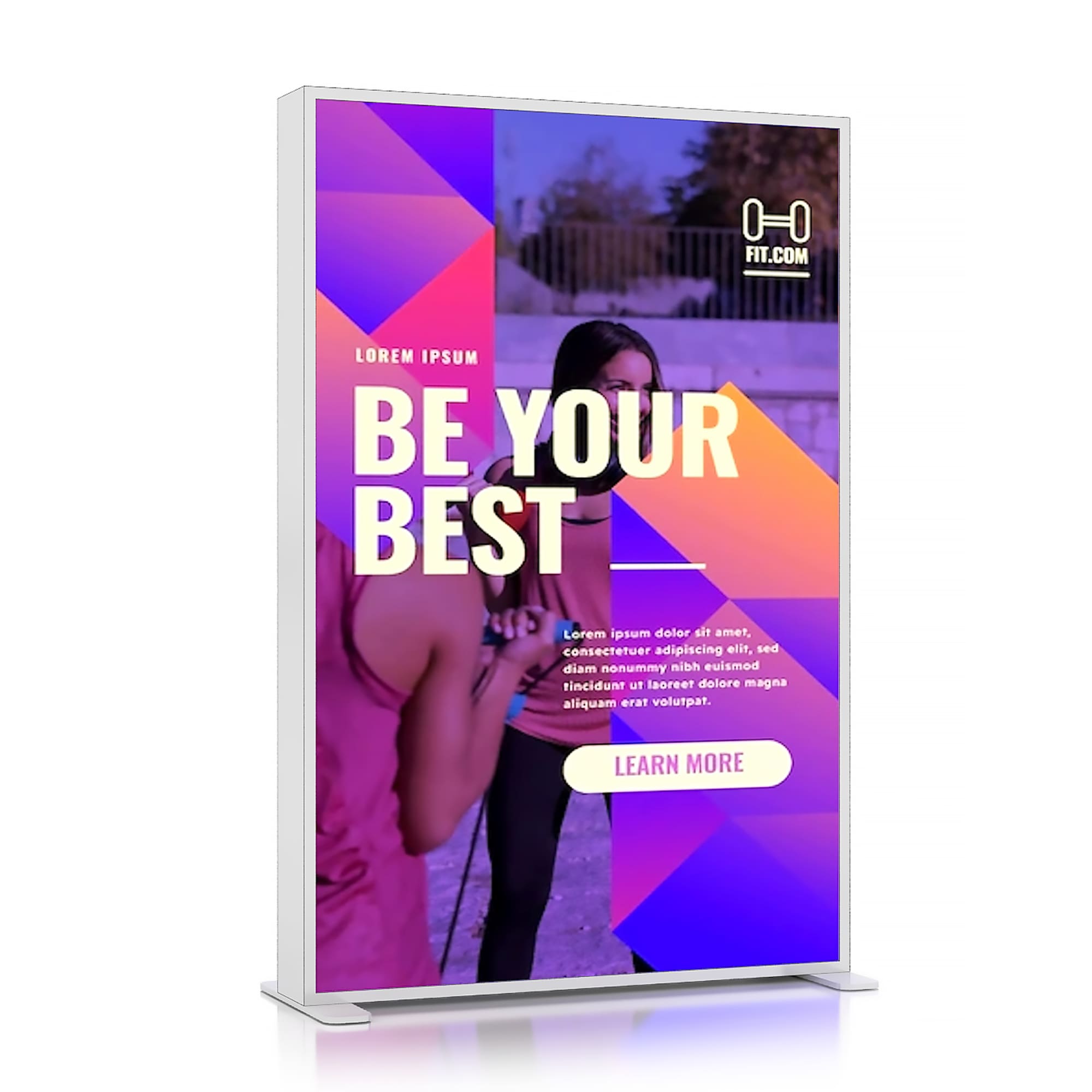 A backlit LED light box display in a sleek frame, featuring vibrant purple and orange graphics, with a logo visible. SEG Backlit LED Light Box Display (100 x 150cm) - Image 1