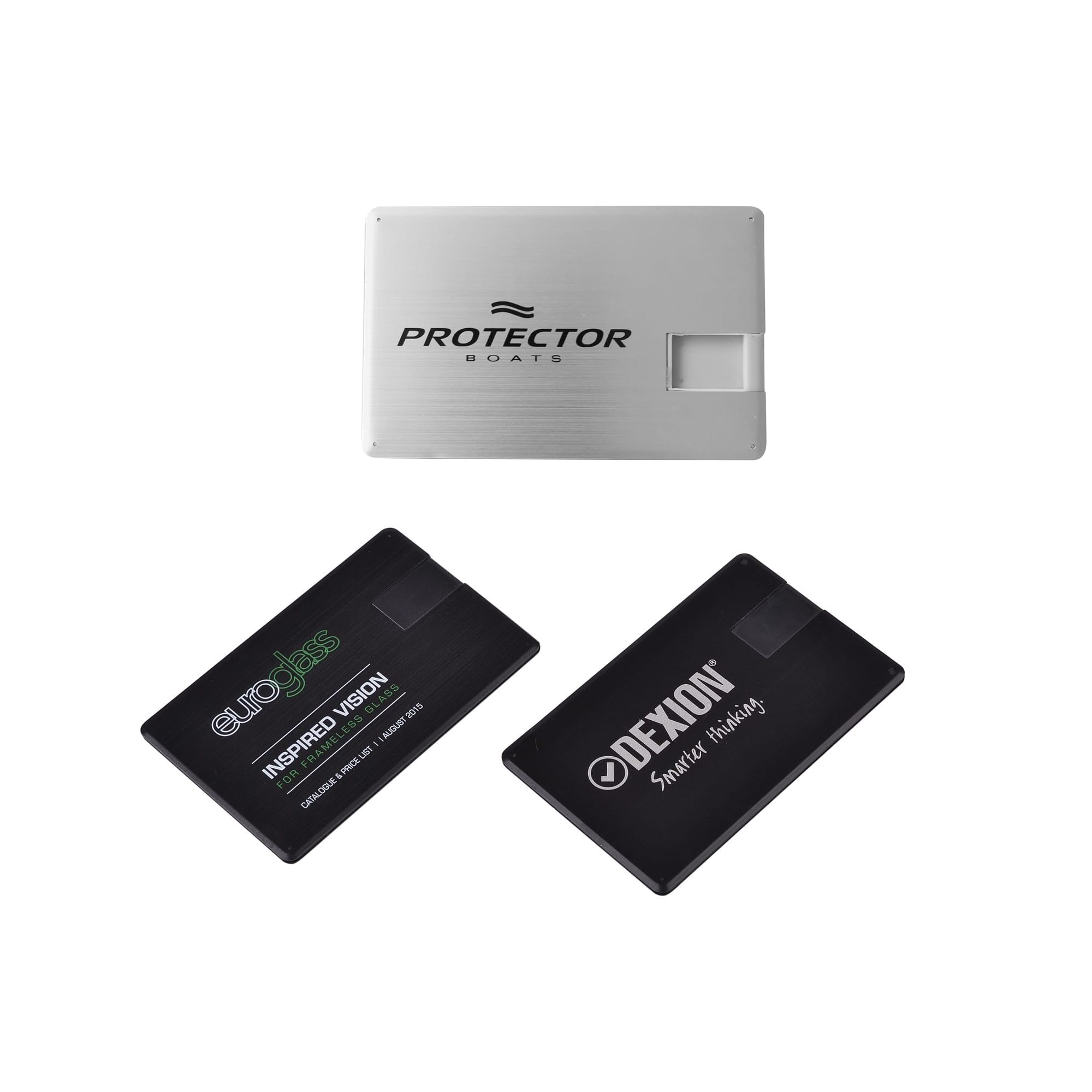 A silver swivel card flash drive alongside two black flash drives, each featuring distinct branding. Swivel Card Flash Drive - Image 1