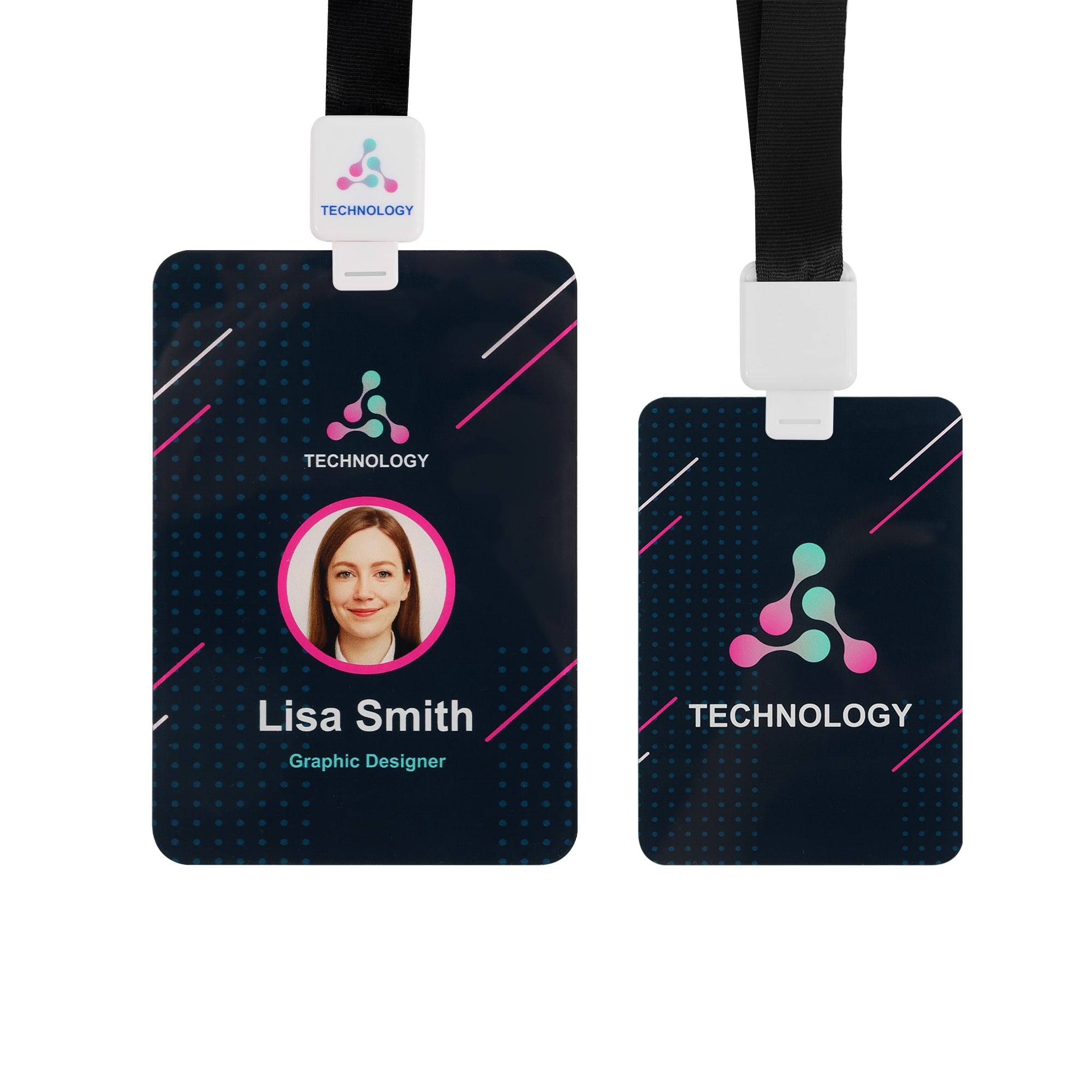 Acrylic name tag in dark colours with a circular photo holder, featuring a black strap and a logo. Acrylic Name Tag - Image 1