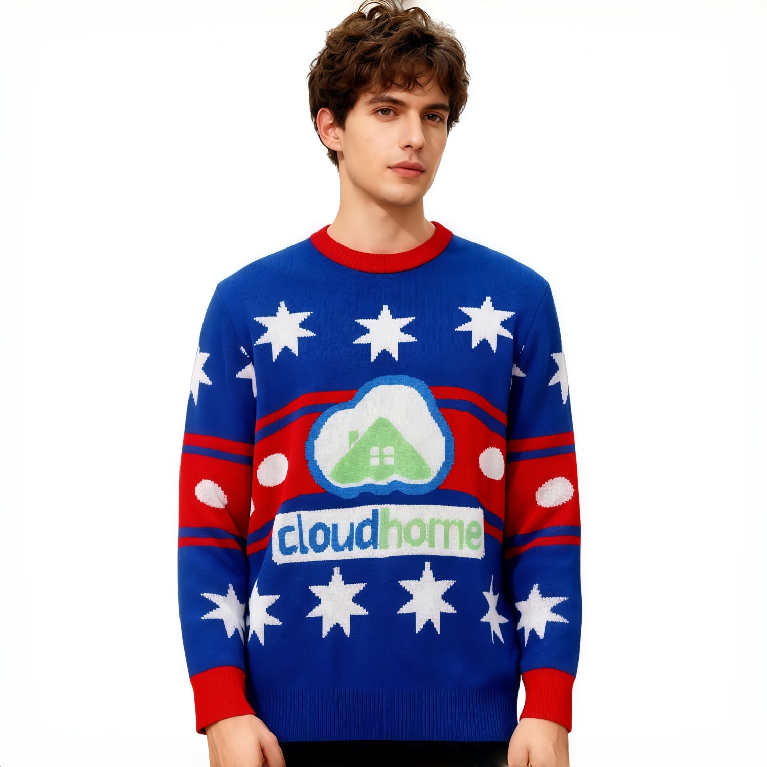 A vibrant blue, red, and white unisex winter acrylic jacquard sweater featuring stars and a logo design. Unisex Winter Acrylic Jacquard Sweater - Image 1
