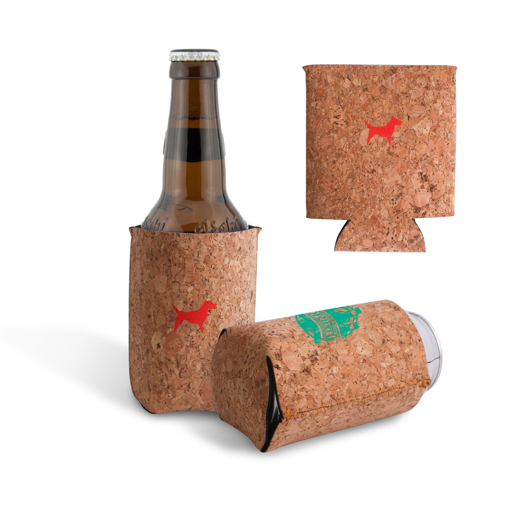 A drink bottle and can are wrapped in flat packed cork stubby holders featuring a logo. The holders are tan in colour. Flat Packed Cork Stubby Holder - Image 1