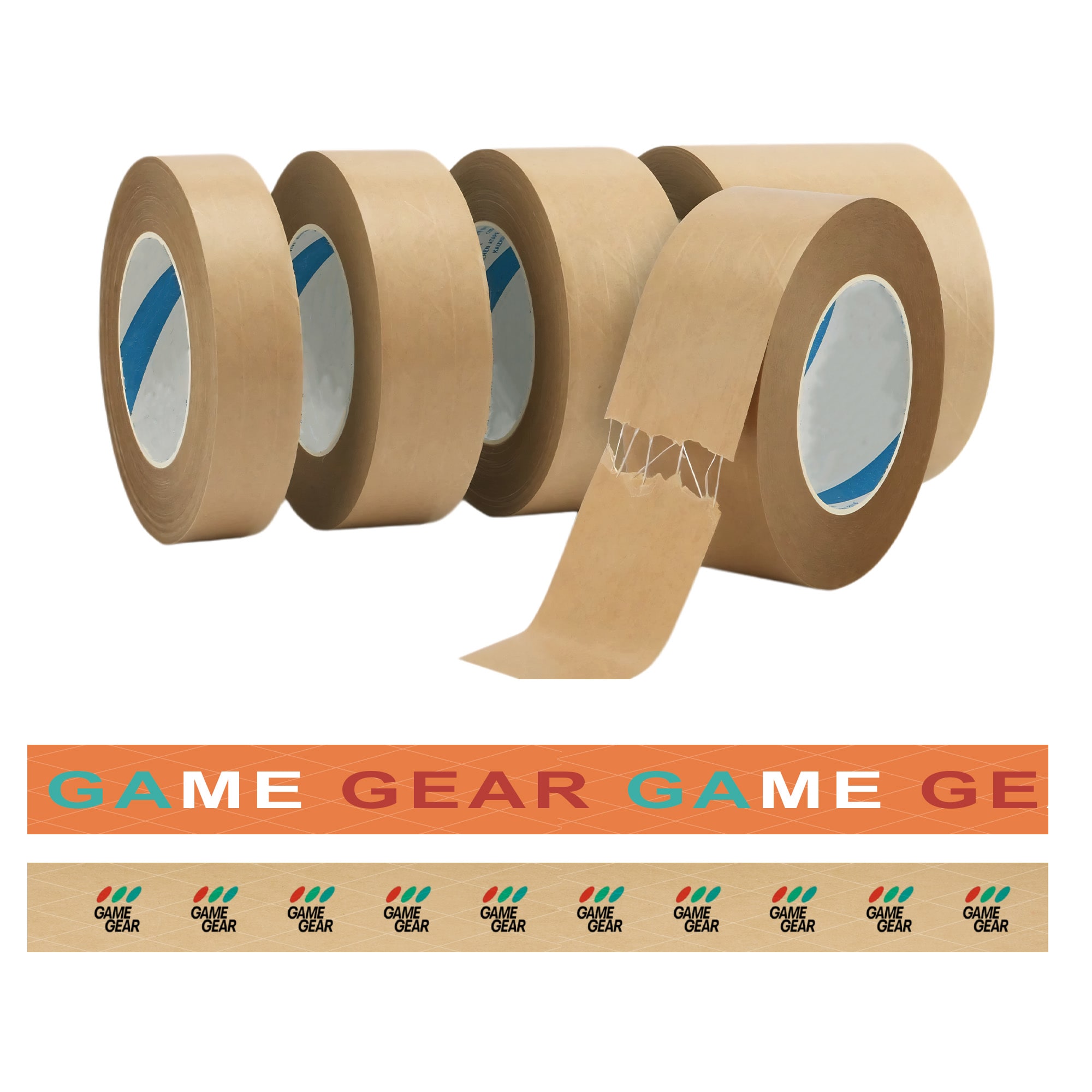 Self-adhesive reinforced kraft paper tape in brown, featuring a logo and a decorative printed design. Self Adhesive Reinforced Kraft Paper Tape - Image 1