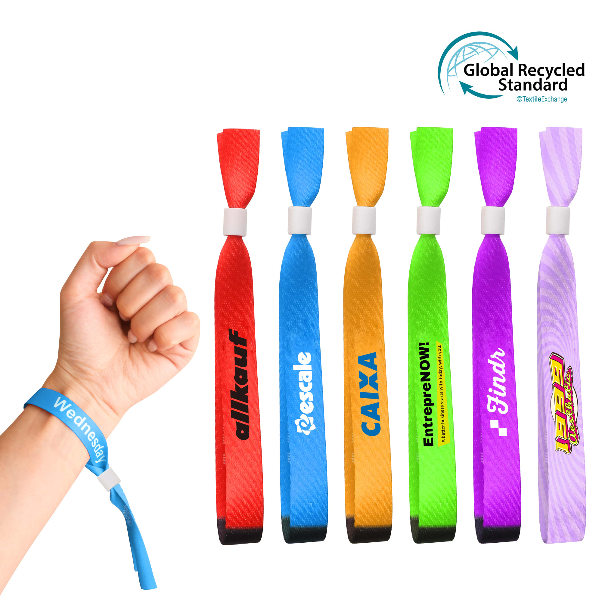 A hand wearing a blue RPET fabric wristband among various other colourful event wristbands, featuring logos. RPET Fabric Wrist Band - Image 1