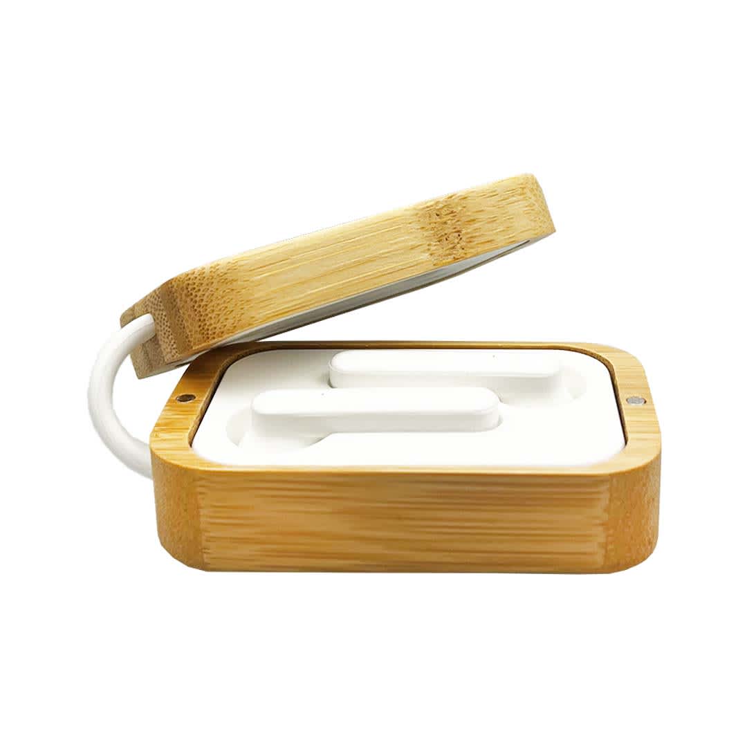 Bamboo wireless earbuds in a bamboo charging case, featuring a sleek design and a white interior. Rockside Bamboo Wireless Earbuds - Image 1