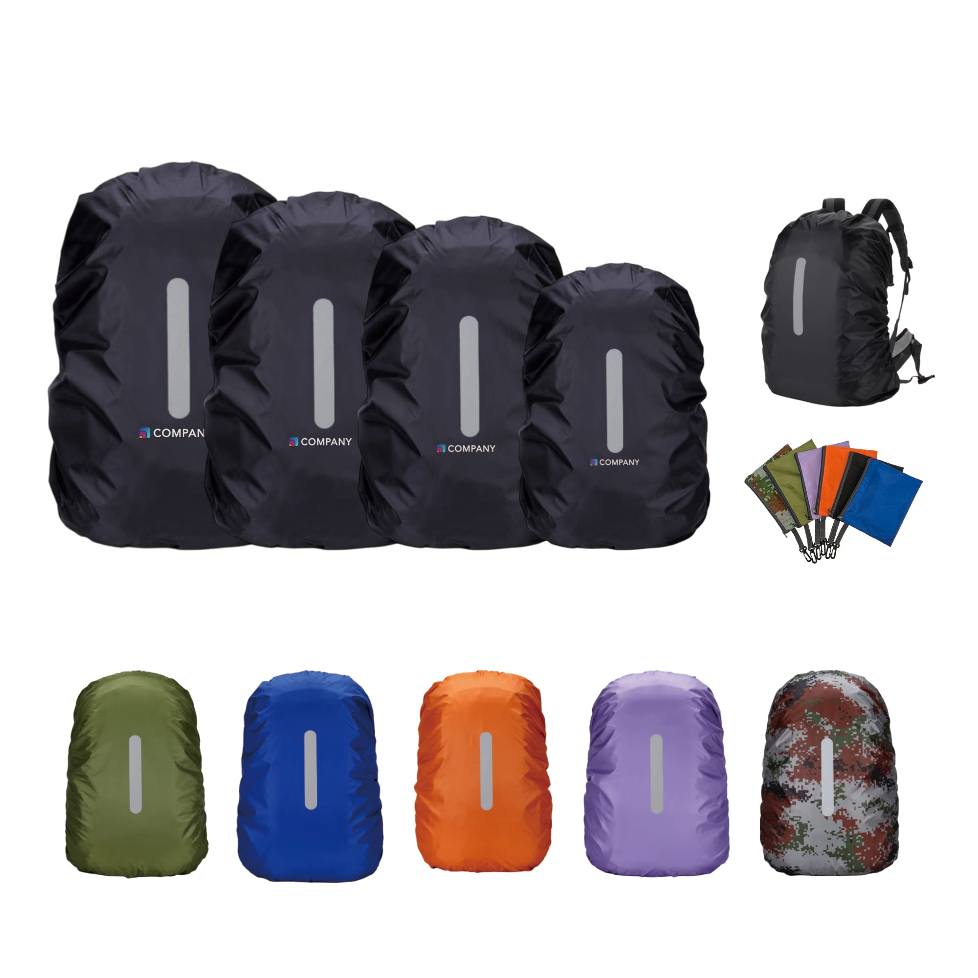 A set of reflective backpack rain covers in various colours, including black, green, orange, purple, and camouflage. Reflective Backpack Rain Cover - Image 1