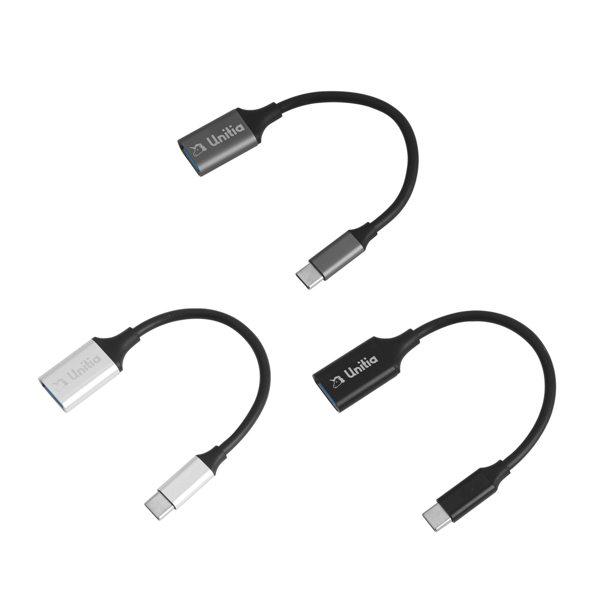 A collection of three USB 3.0 to USB C OTG adapters in silver and black, each with a logo. USB 3.0 to USB C OTG Adapter - Image 1
