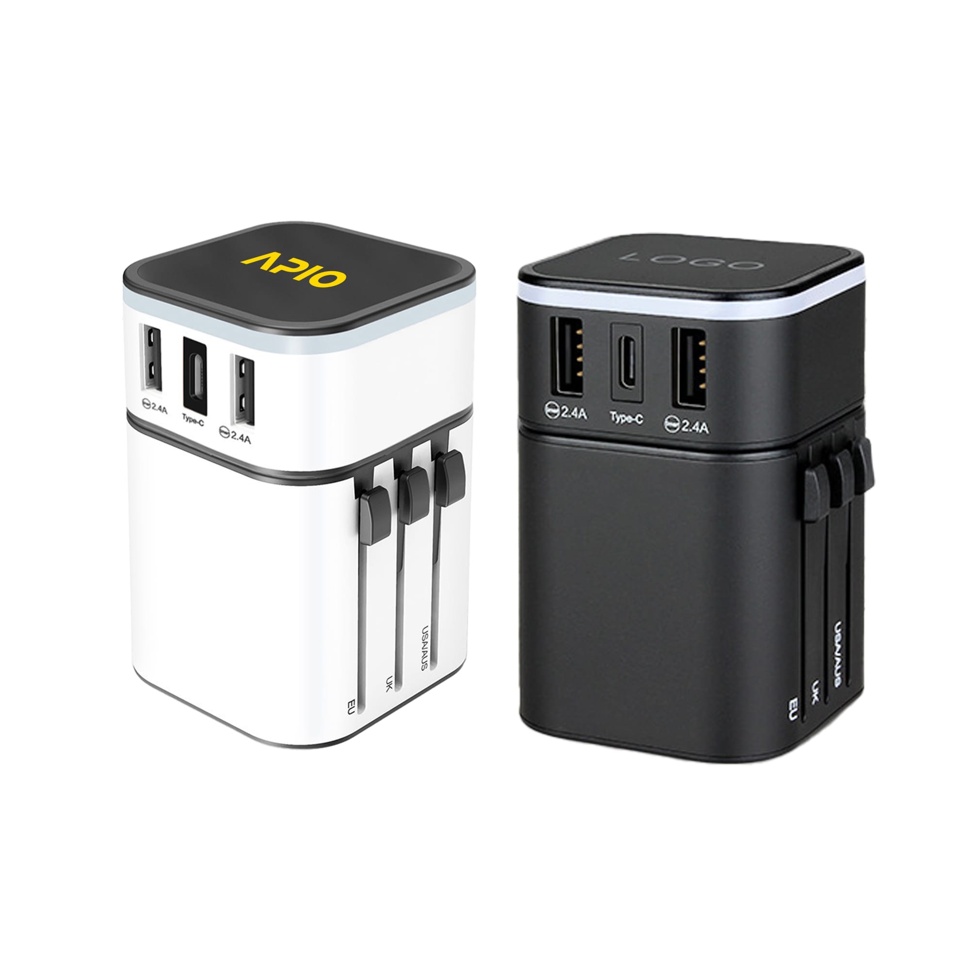 A travel adapter in white and black, featuring multiple USB ports and a compact design, with logos on both units. Travel Adapter - Image 1