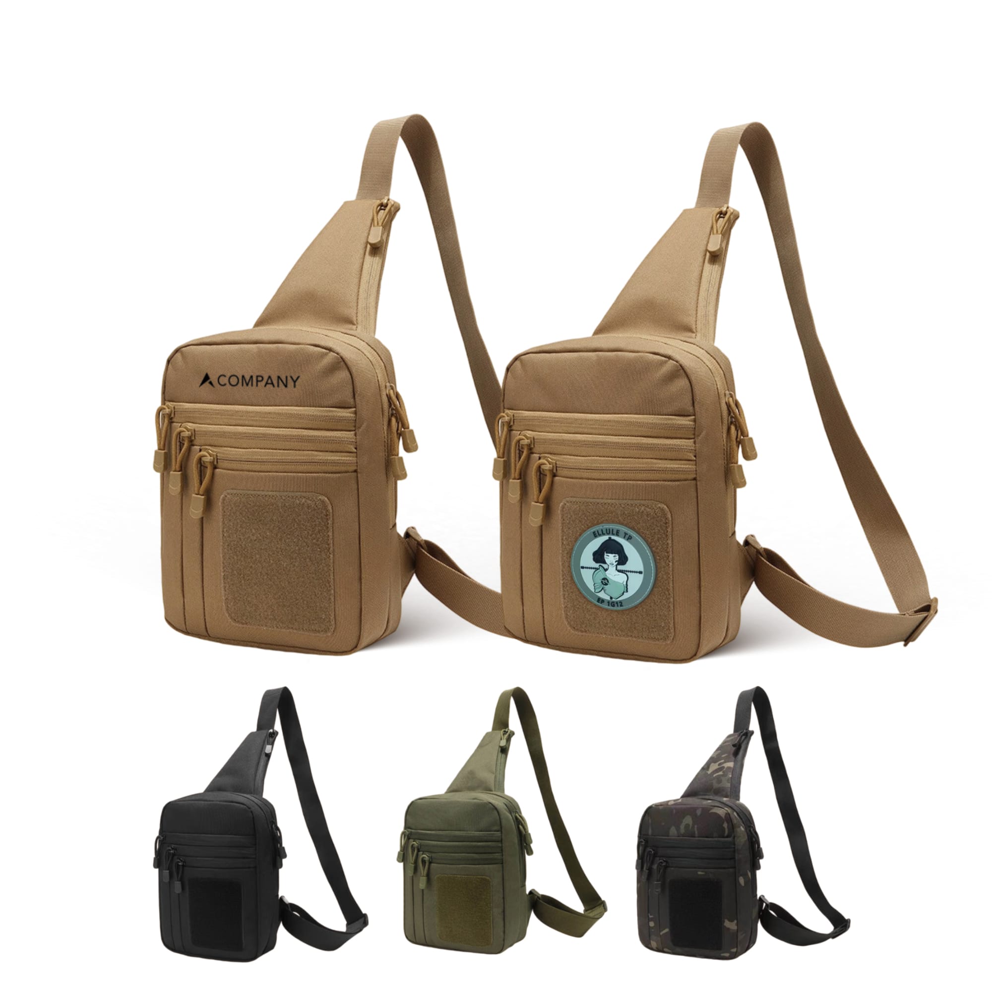 Tactical sling bags in tan, black, green, and camouflage, featuring multiple zippered pockets and a logo. Tactical Sling Bag - Image 1