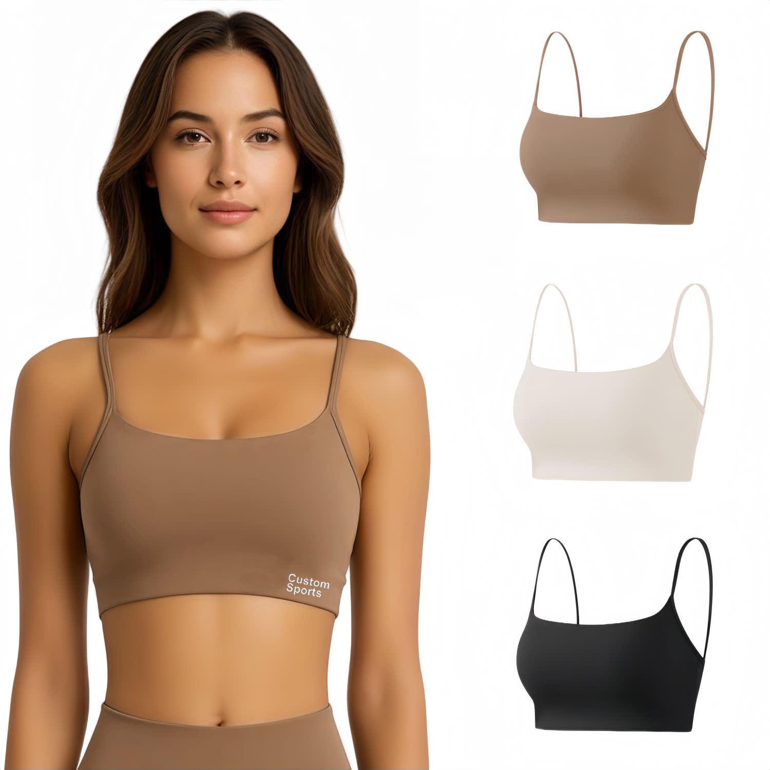 A seamless thin-strap U-back yoga crop bra tank in brown, with additional versions in white and black. Features a logo. Women's Seamless Thin-Strap U-Back Yoga Crop Bra Tank - Image 1