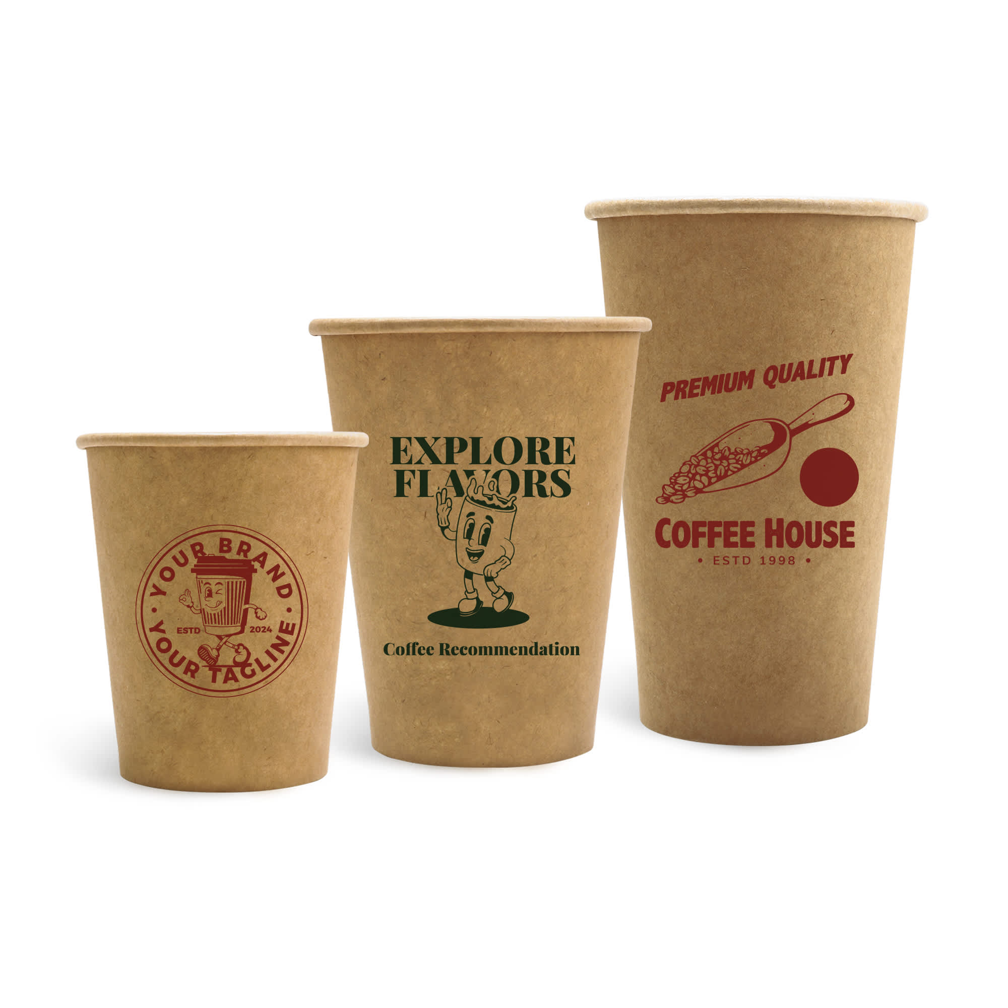 A set of three brown kraft paper cups, featuring various designs and a logo on each cup. PLA Single Wall Compostable Kraft Paper Cups - Image 1