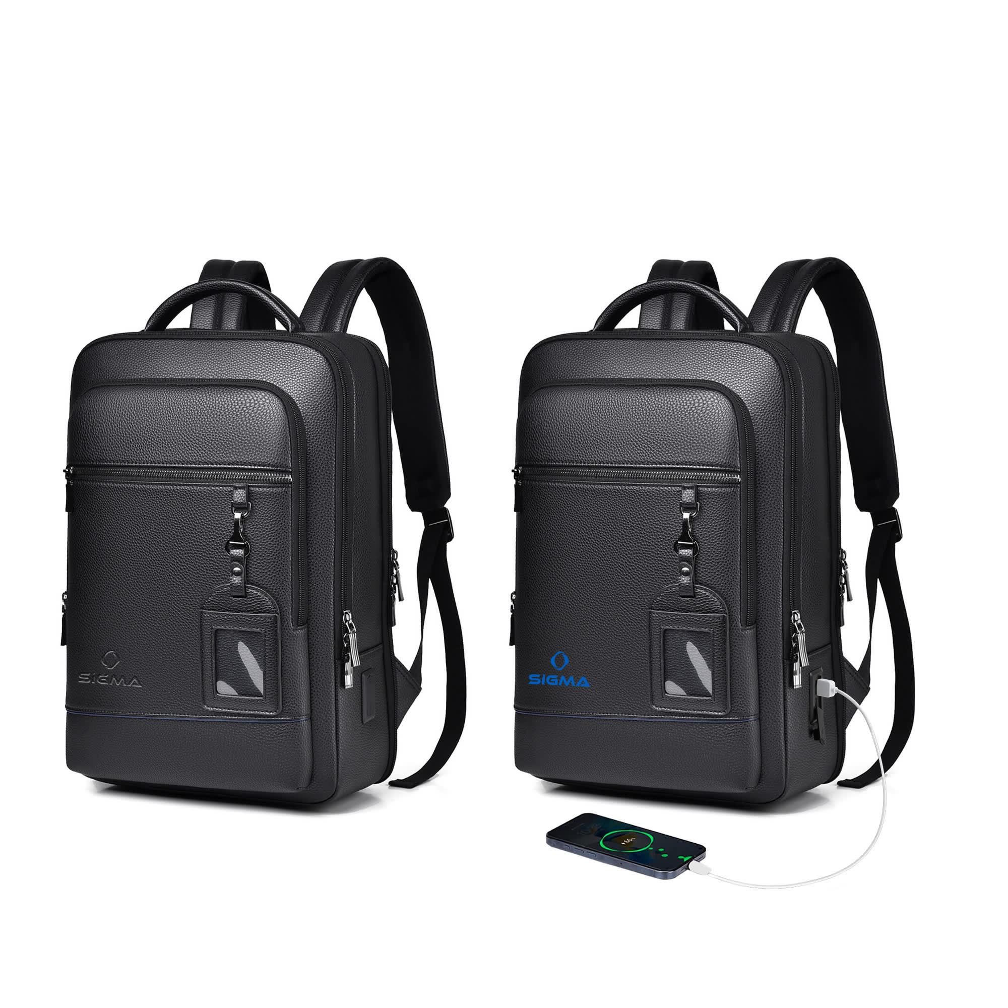 A polyurethane laptop backpack in black with multiple compartments and a logo. Includes a USB charging port. Polyurethane Laptop Backpack - Image 1