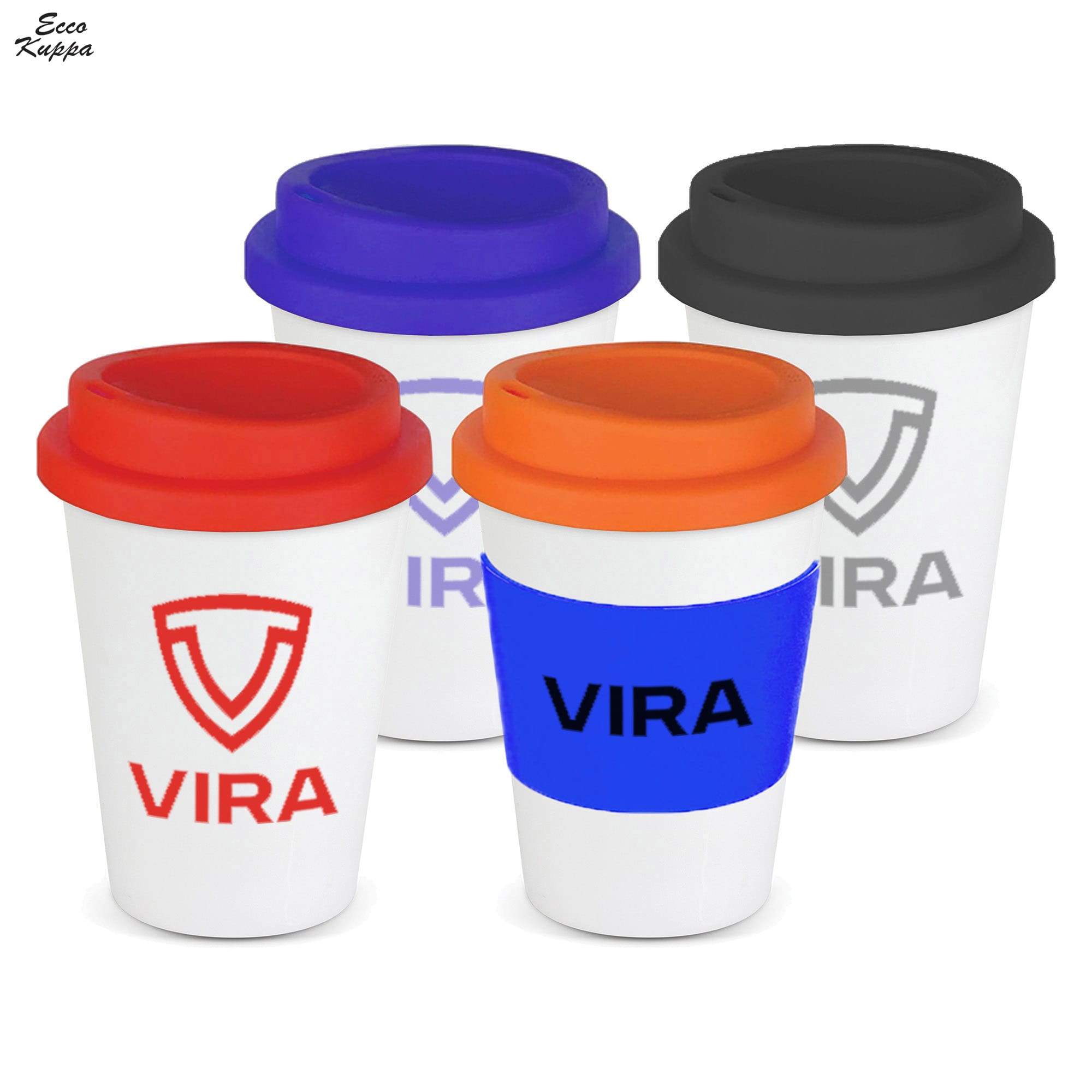 A drink bottle featuring four reusable coffee cups in black, blue, orange, and purple with lids, each with a logo. Ecco Kuppa 12oz Double Wall - Image 1