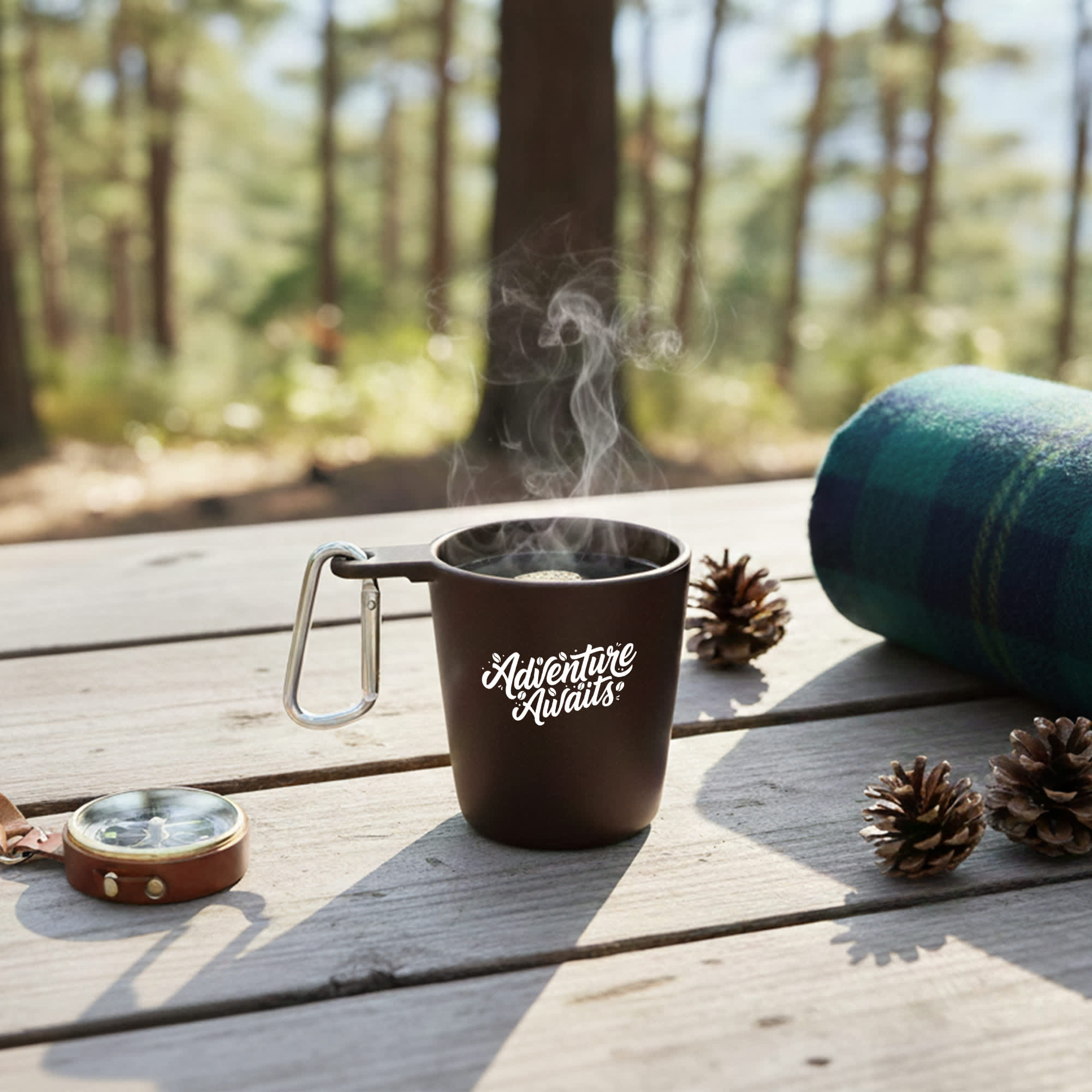A drink bottle in dark brown with a logo, steam rising from its opening, placed on a wooden table outdoors. Bengo Mini Grounds Cup - Image 1