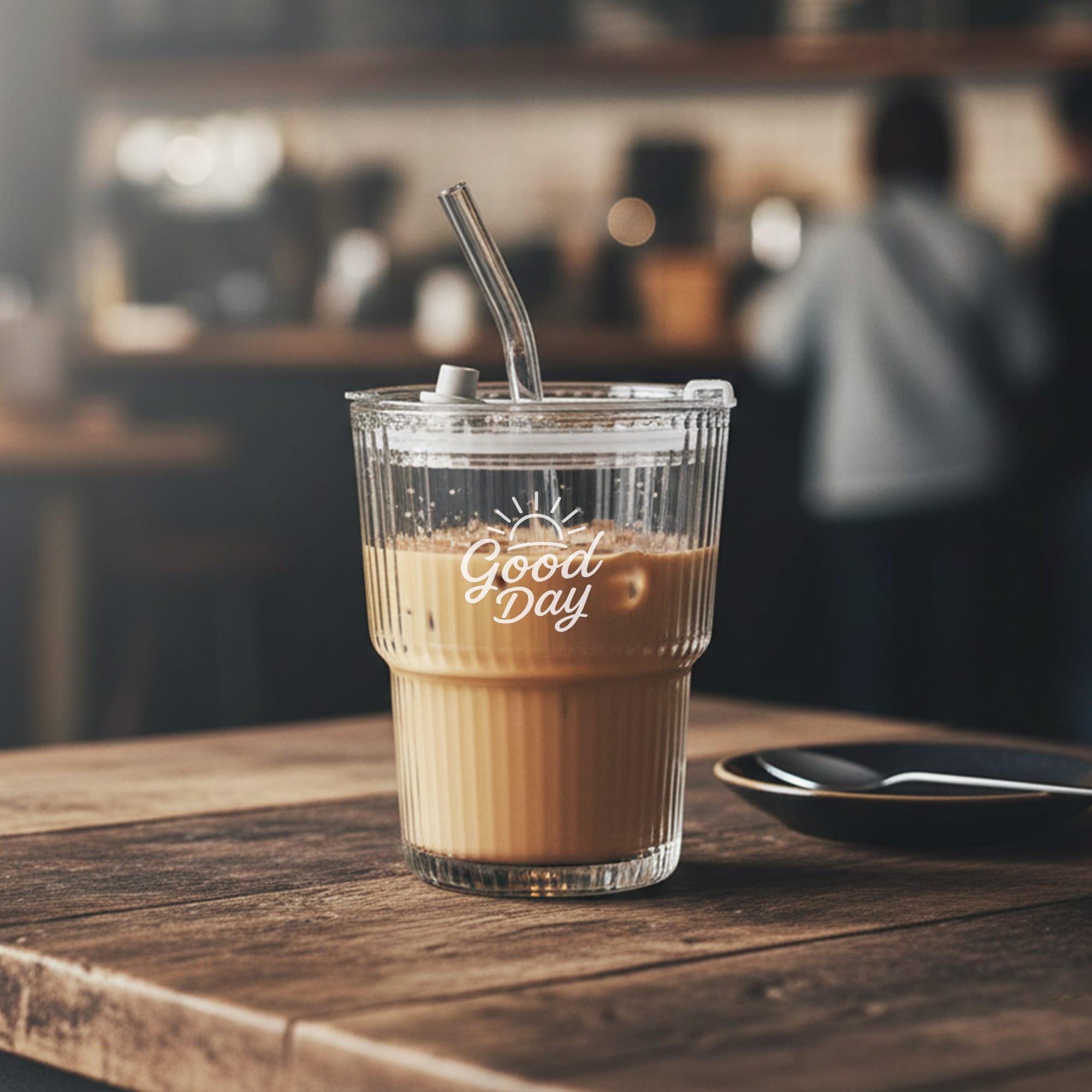 A glass ice coffee cup featuring a lid and straw, with a design on the front, sitting on a wooden table. Puccino Glass Ice Coffee Cup - Image 1