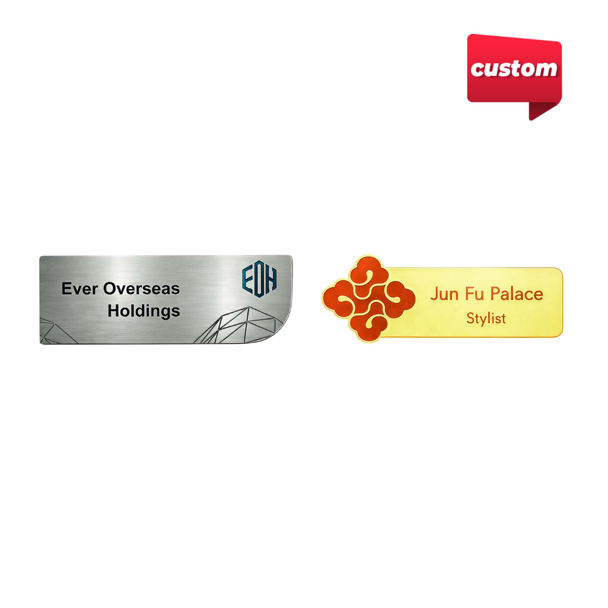 Two metal name badges in silver and gold, featuring a logo, with text for different organisations. Custom Metal Name Badge - Image 1