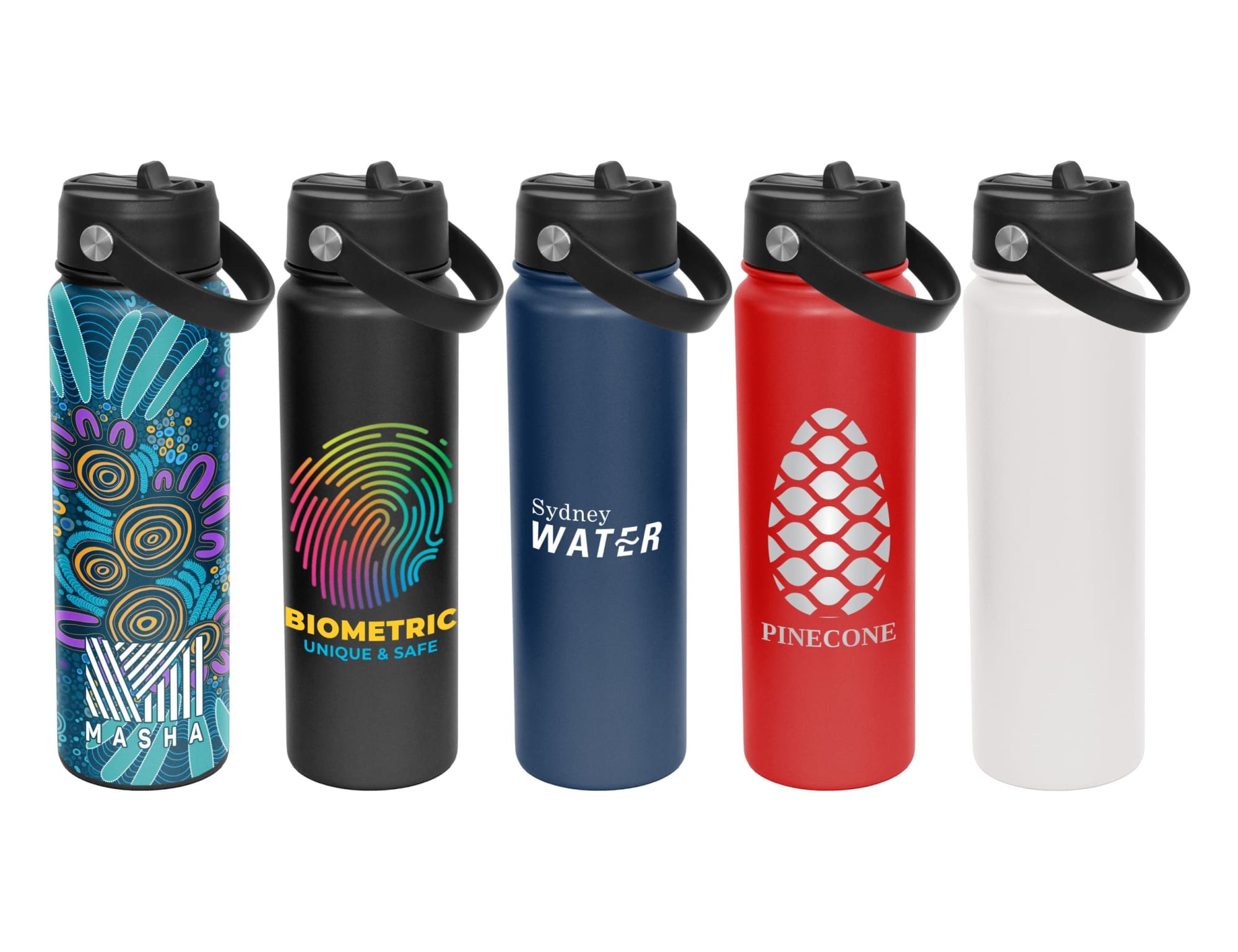 A drink bottle collection featuring designs in blue, black, red, white, and a colourful pattern, each with a spout and handle. Metro 800ml Vacuum Sipper Spout Bottle - Image 1
