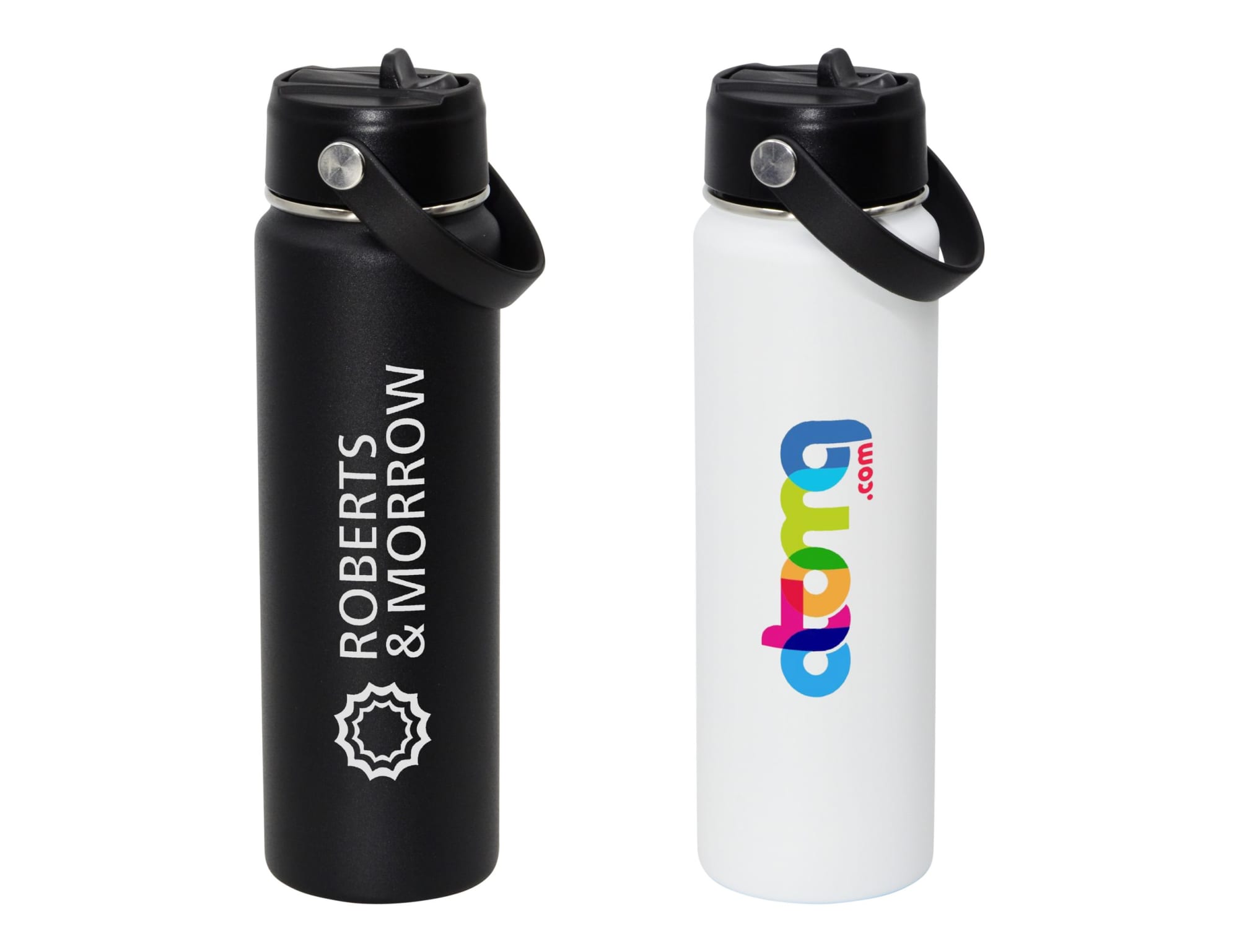 A drink bottle featuring a black exterior with a logo and a white exterior with a logo, both with a flip-top lid. Metro Sipper 800ml Vacuum Bottle - Image 1