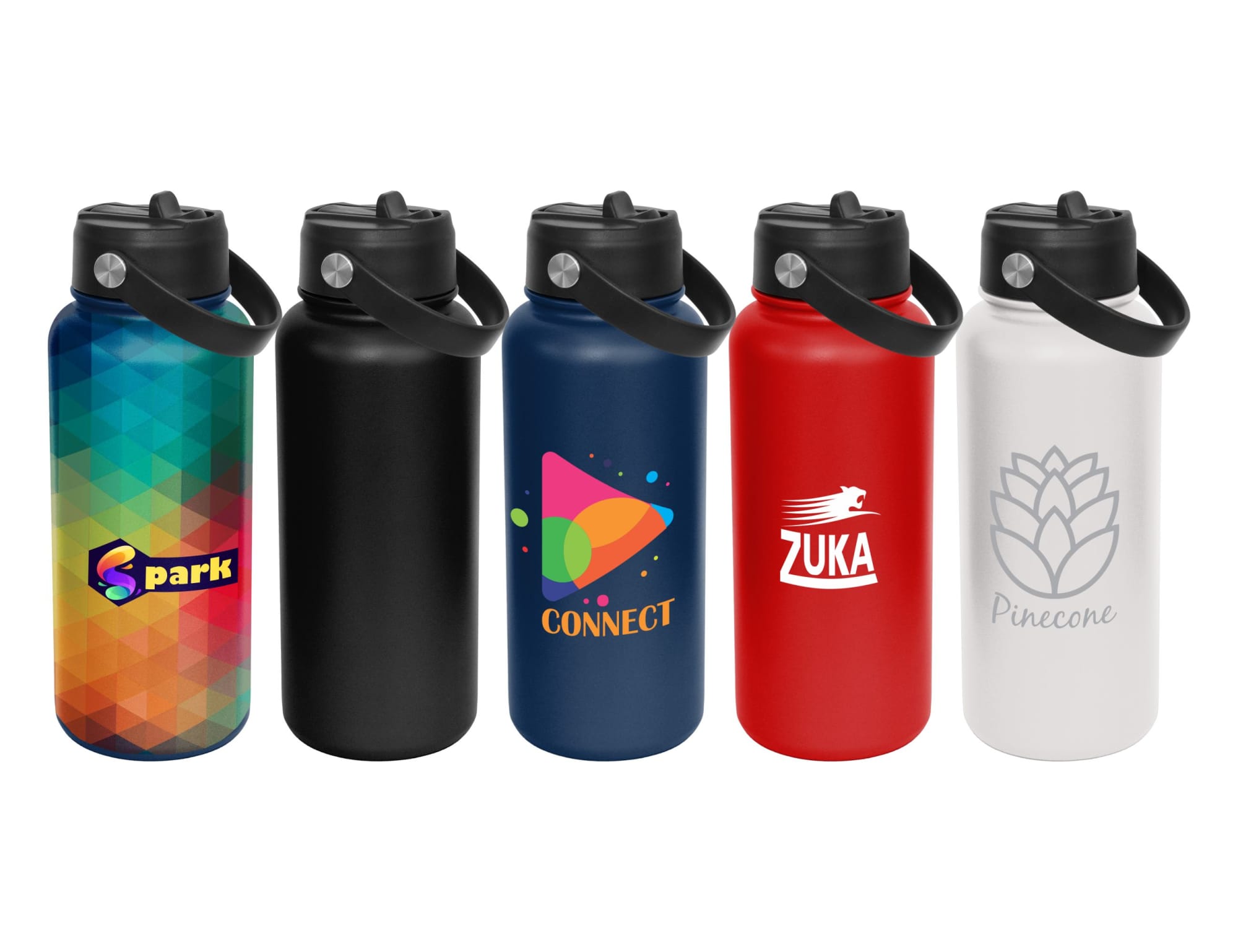 A drink bottle collection featuring five colourful vacuum sipper bottles in various designs and colours, including black, blue, red, and white. Seattle 1lt Vacuum Sipper Spout Bottle - Image 1