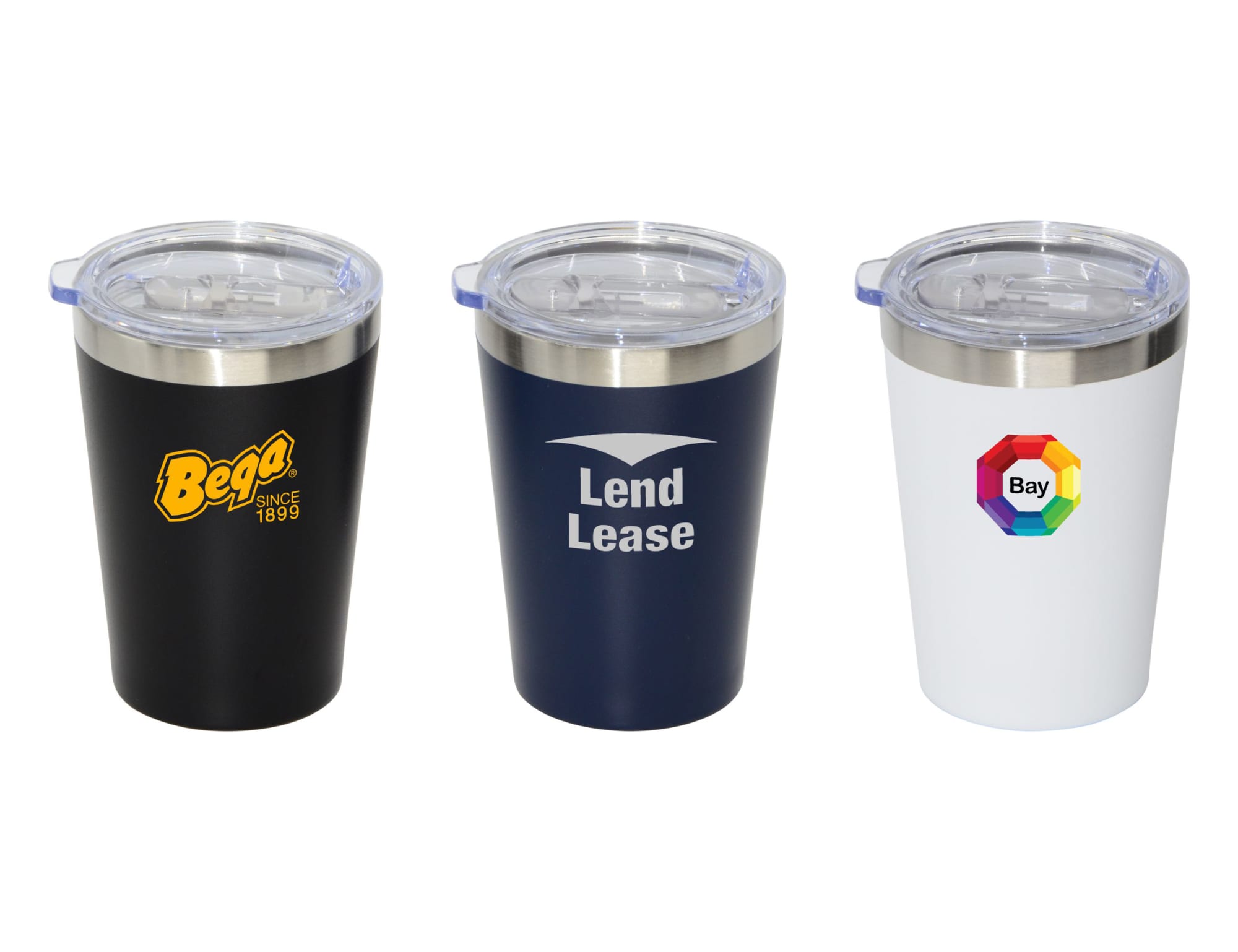 A drink bottle trio featuring black, navy, and white travel mugs, each with a lid and branding. City Vacuum Mug - Image 1