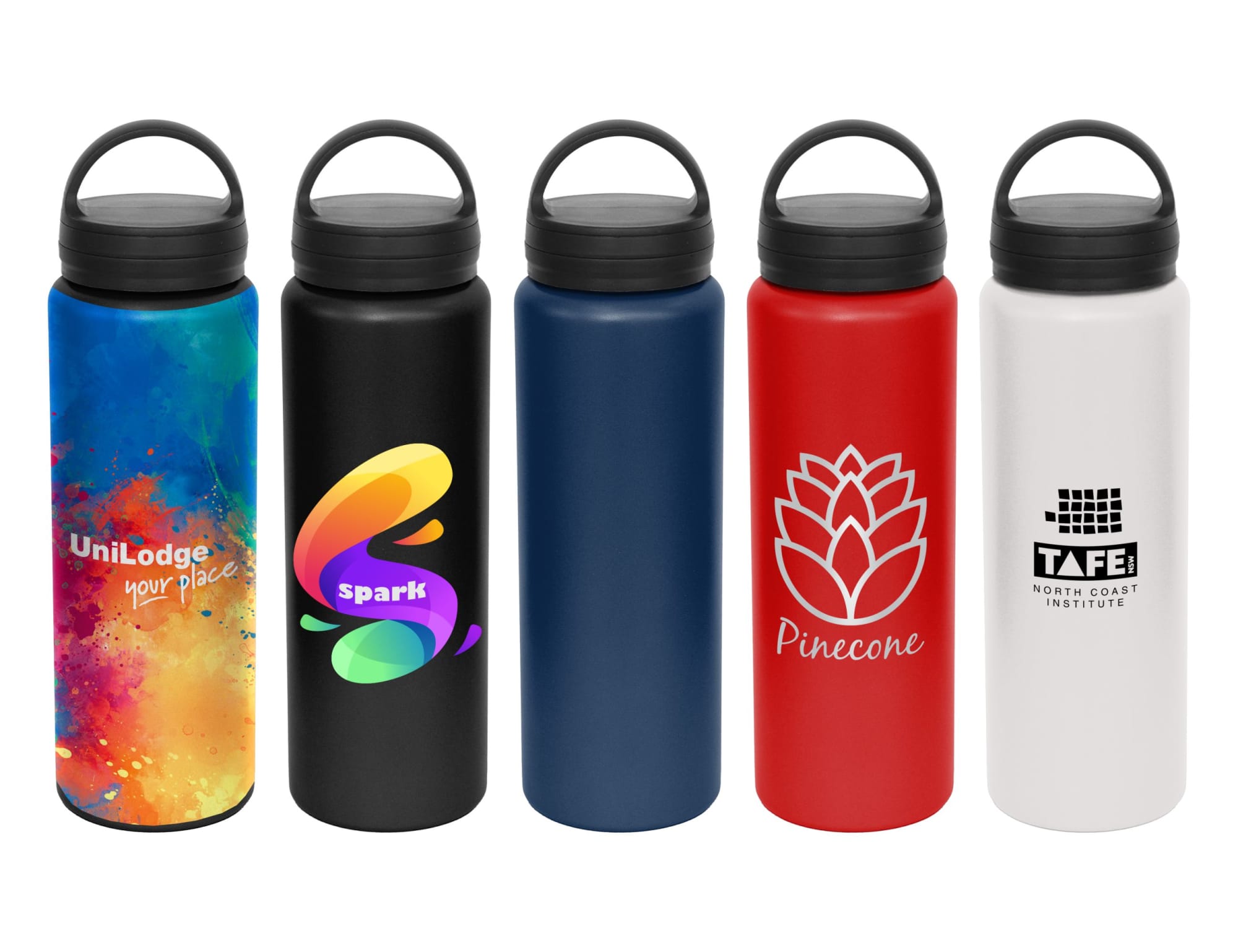 A drink bottle collection featuring multiple colours: blue, red, black, and white, with various designs and logos. Austin 1lt Carry Lid Bottle - Image 1