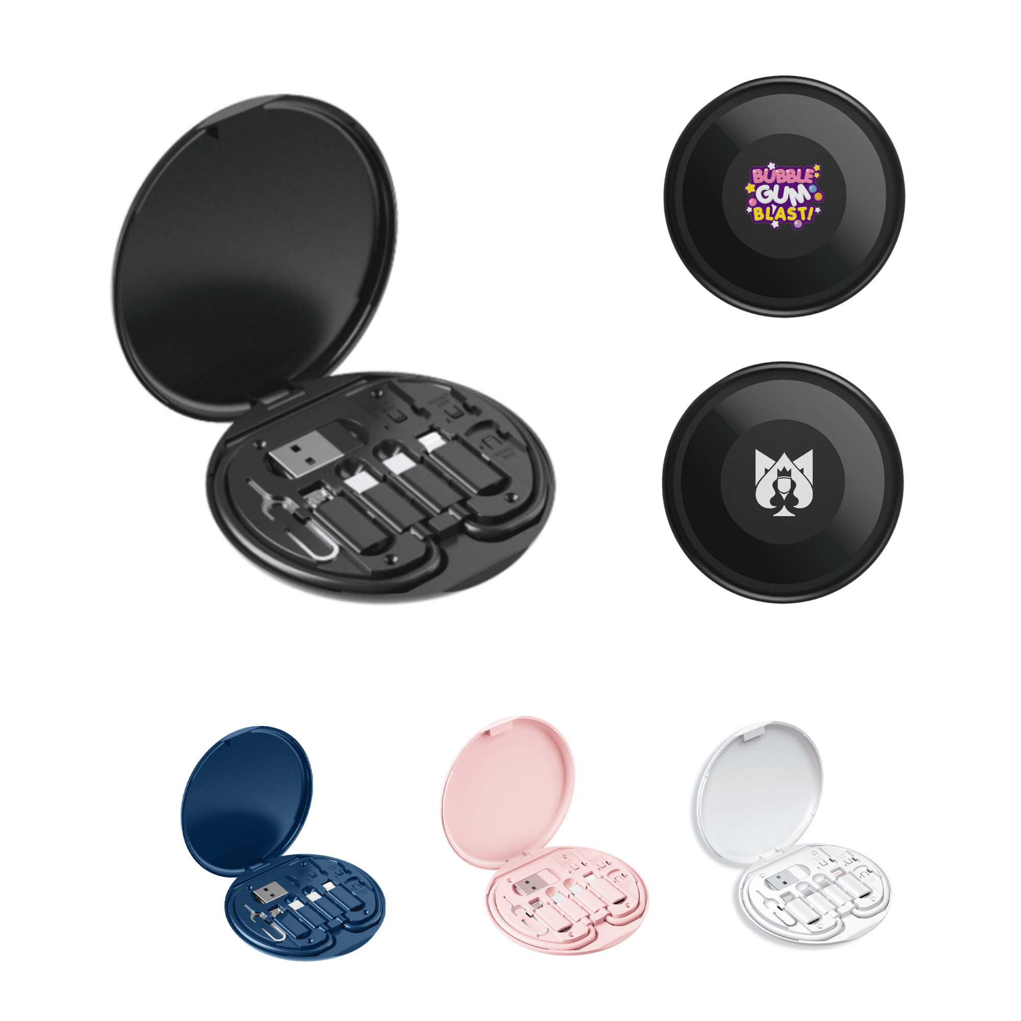 A black circular case containing various cable connectors. Available in multiple colours including navy blue, pink, and white. Circular Cable Kit - Image 1
