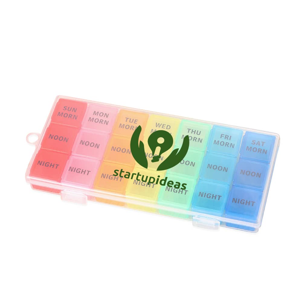 A multi-coloured pill organiser featuring compartments for each day and time, with a logo on the surface. Pill Organiser - Image 1