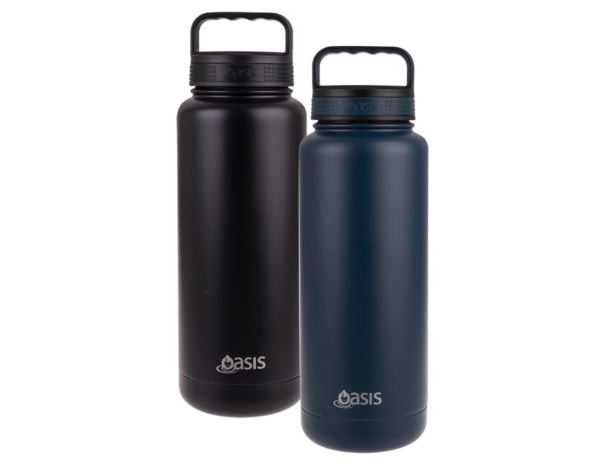 A drink bottle set featuring a black and a navy blue vacuum flask, both with handles and branding. Oasis Titan 1.2L Vacuum Bottle - Image 1